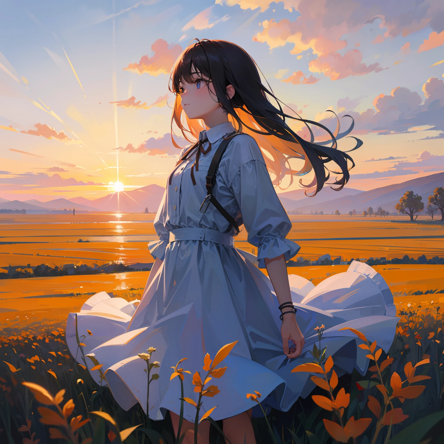 girl standing in field, closeup, portrait, clouds, sunrise