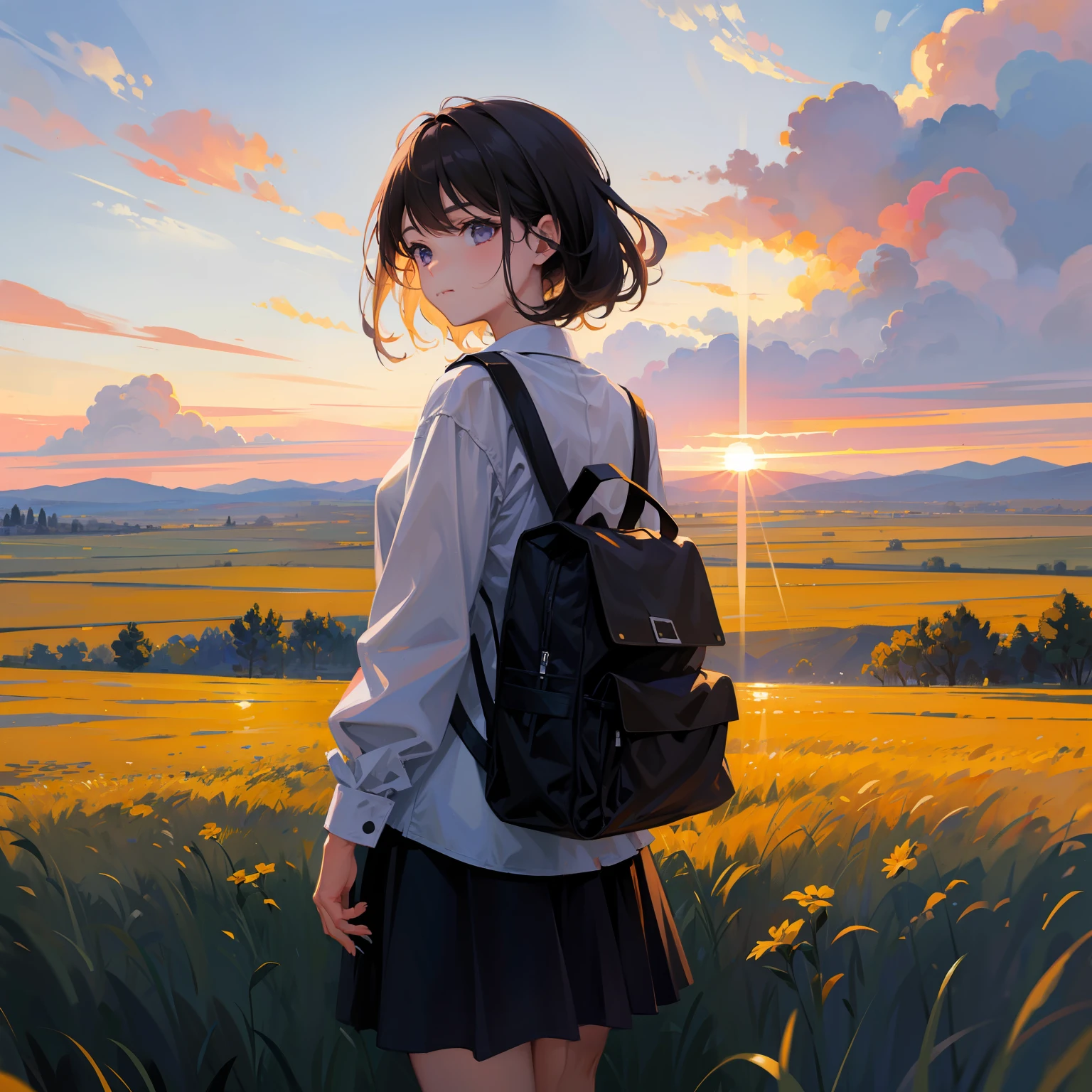 girl standing in field, closeup, portrait, clouds, sunrise