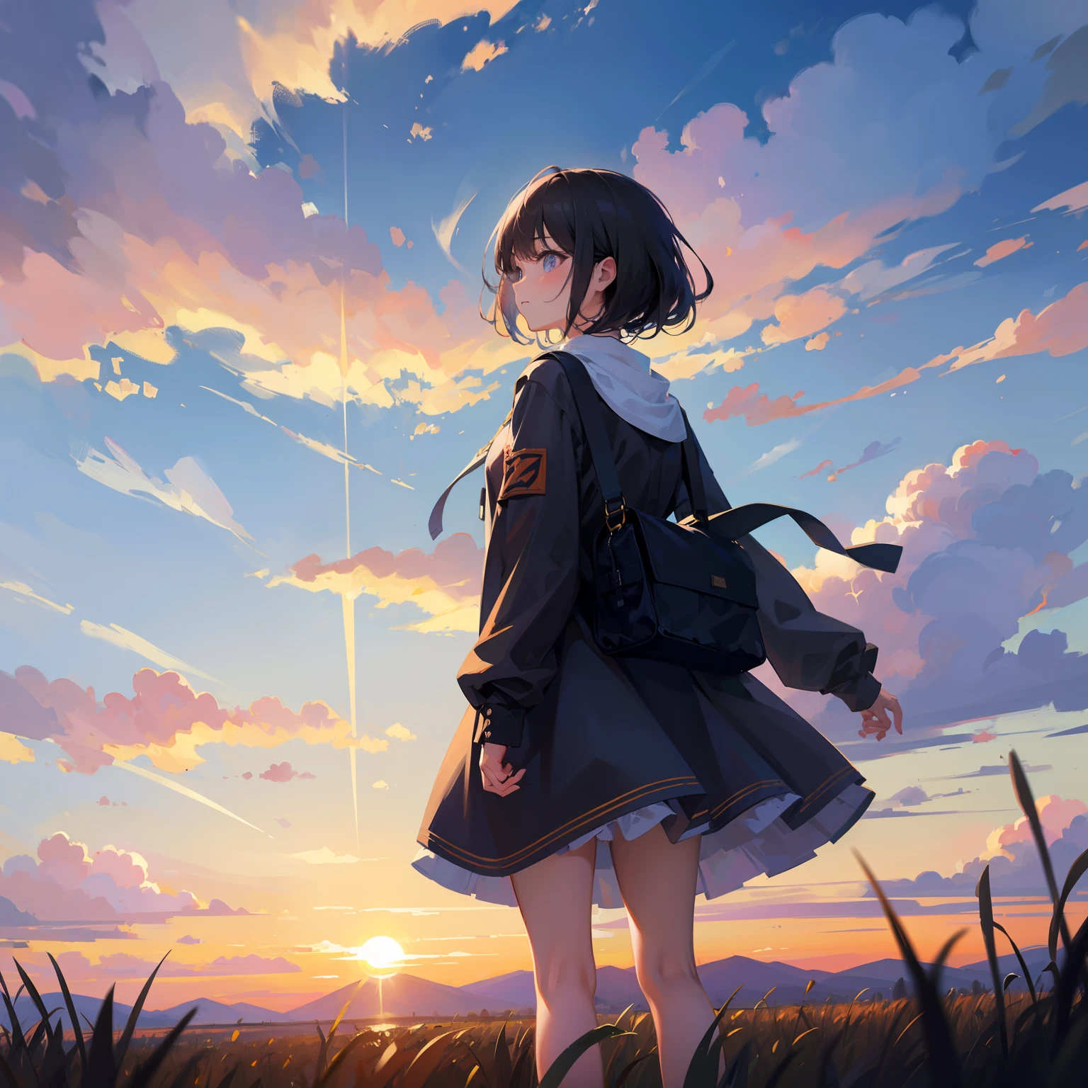 girl standing in field, closeup, portrait, clouds, sunrise