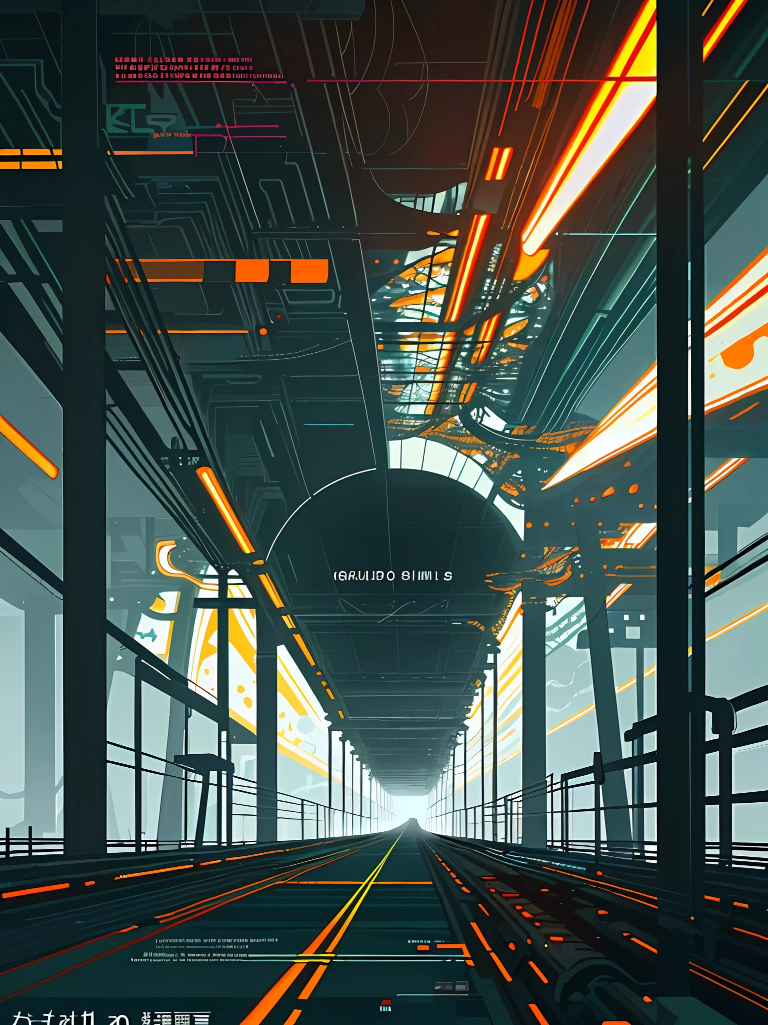(blame! style abandoned tech landscape), (Zen, Amy Sol style), (underground, dark, foggy, perilous, abandoned computer factory, cybernetic factory, cybernetic hexagonal interface, fractal OS, footbridges, elevated catwalks, cables, conduits, powerlines, energy towers, deep tunnels), cover art with light abstraction, abstract, simple vector art, contemporary Cybernetic art, color gradients, soft color palettes, layered forms, whimsical animation, style Ethereal abstract, 4K, --v6