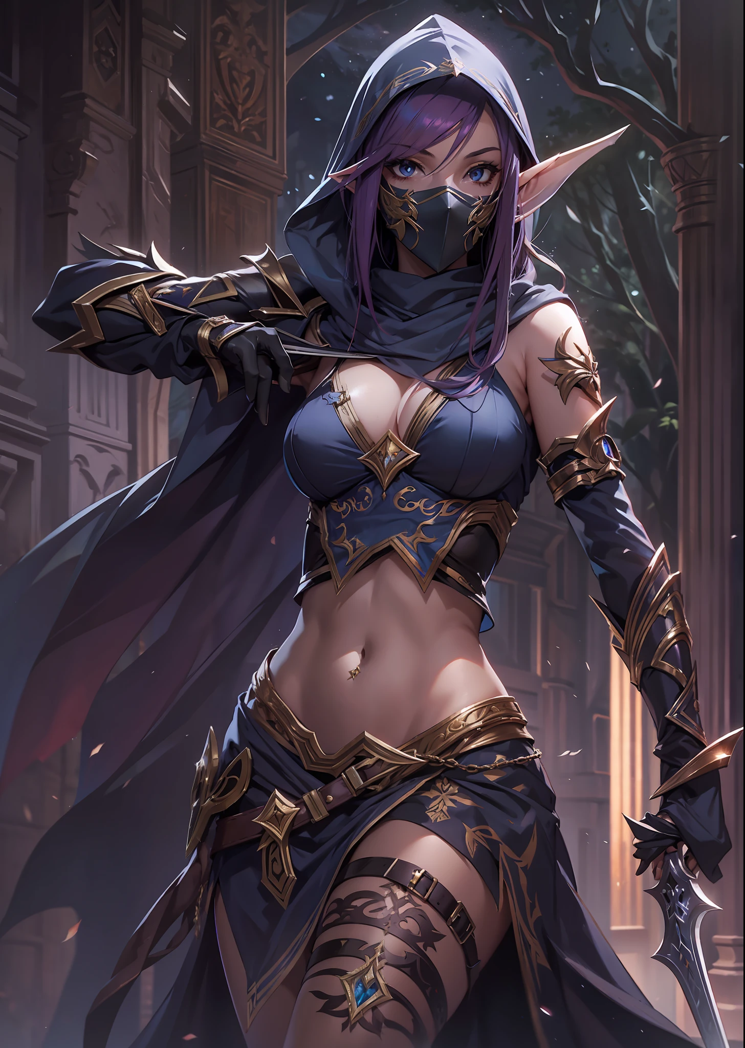 one-girl,Night Elf,masked,Assassin attire,Dagger in hand