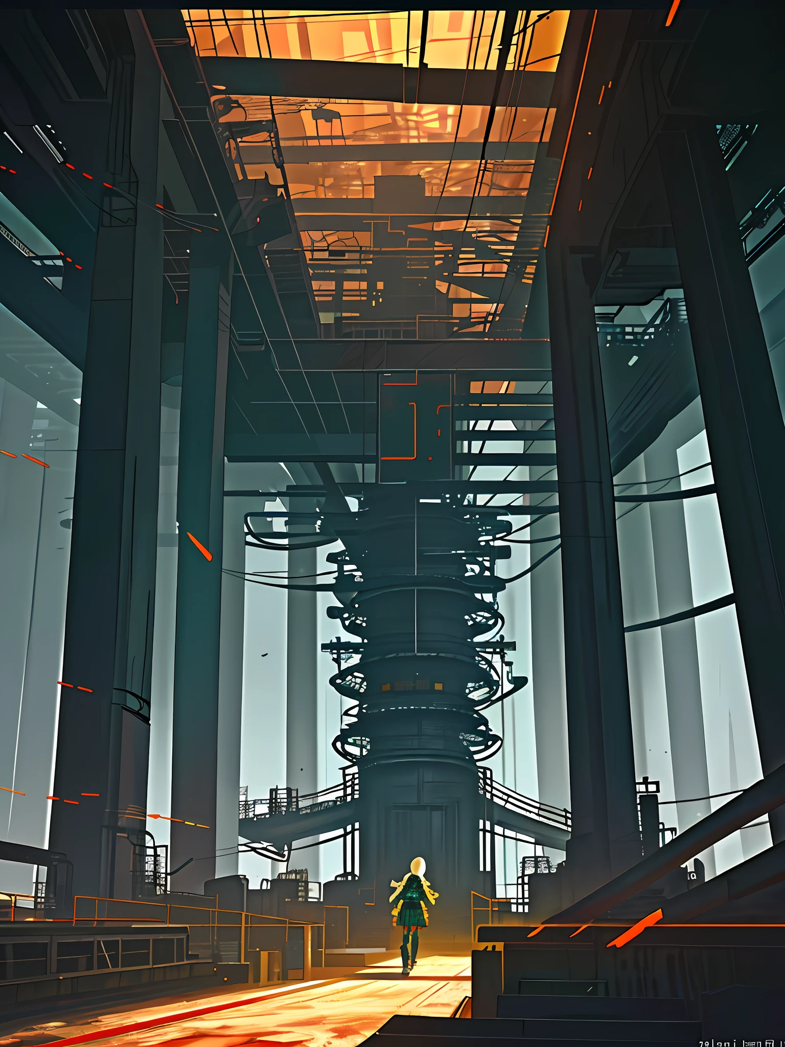 (blame! style abandoned tech landscape), (Zen, Amy Sol style), (underground, dark, foggy, perilous, abandoned computer factory, cybernetic factory, cybernetic hexagonal interface, fractal OS, footbridges, elevated catwalks, cables, conduits, powerlines, energy towers, deep tunnels), cover art with light abstraction, abstract, simple vector art, contemporary Cybernetic art, color gradients, soft color palettes, layered forms, whimsical animation, style Ethereal abstract, 4K, --v6