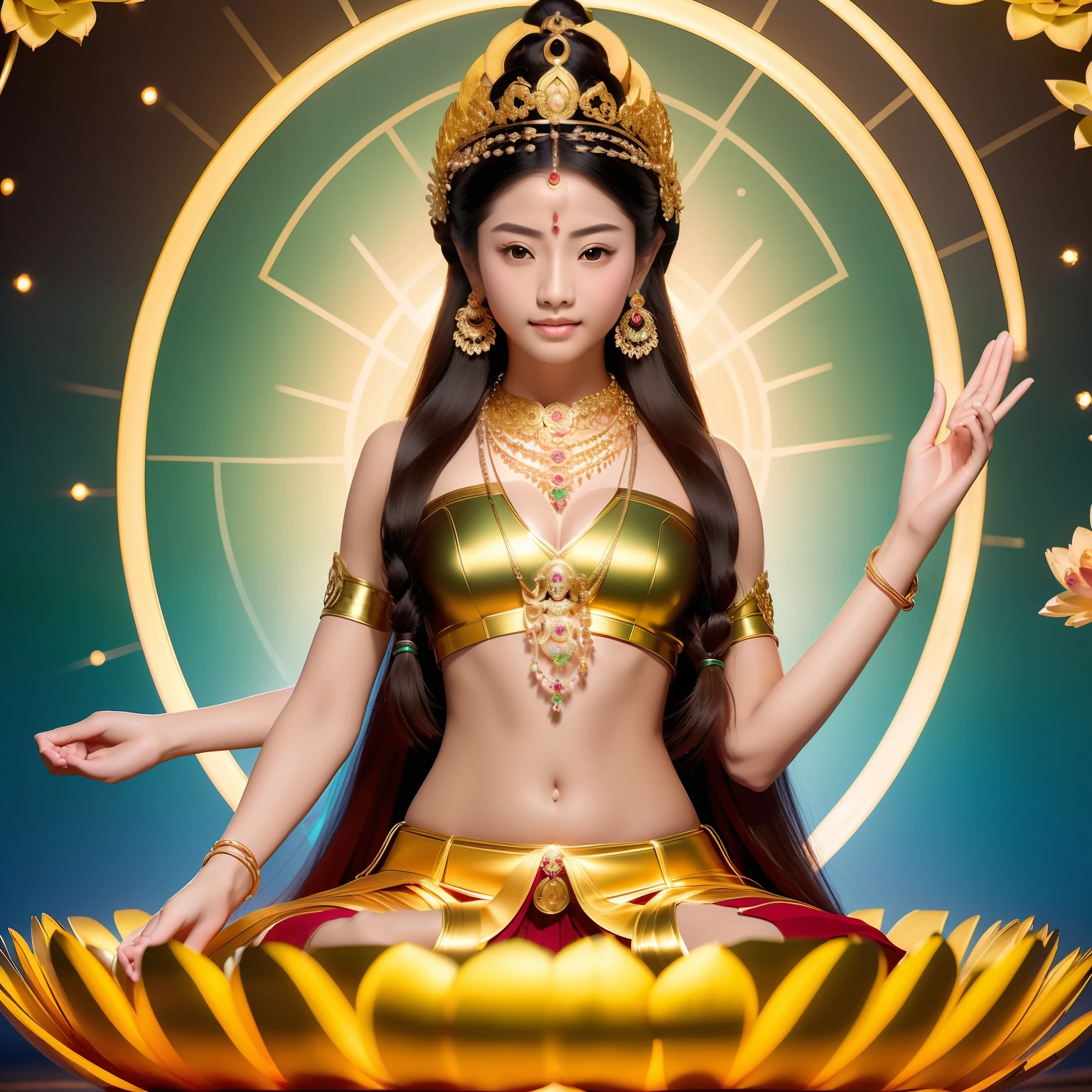 Beautiful green Tara skin is green,sitting on a lotus flower,Cross one leg, (((Body skin is green))),Delicate,Bright big eyes look at the audience,Long time brilliant,hand seal,Hold the flower in your right hand and hold it up,The left hand is a mudra with the palm facing outward,Complete foot structure,Barefoot,The sky behind the head has a circular circle of light,Light,Bodhisattva sitting,(primitive:1.2),(realisticlying:1.4),(Sharpness:1.2),16 yaers old,(((body high:1.5))),((Gemstones refract dazzling light)),((middlebreast:1)),(Abs:0.7),(glute:1.2),(healthy-looking skin, Thin skin, seductiveexpression, 二重まぶた,Jelly textured lips, Glowing lips,Small upturned lips,Shiny skin,(((Flawless skin texture))),Real pores,ctextured skin,choker necklace,Wear a lot of yingluo,(Wear gemstones,pearls,hisui,amber,),((Gorgeous and exquisite crown,gemstone setting)),(Dynamic hair,long whitr hair,Beaded hairpins,Nobile,Delicate skin texture),Glossy glossy skin,Glowing skin,Radiant hair,The head is illuminated with an aperture,The body shines, High quality detailing, Cinematic lighting,,absurderes, unbelievable Ridiculous, hugefilesize, ultra - detailed, A high resolution, The is very detailed,best qualtiy,tmasterpiece,illustratio,The is very detailed,CG,unified,8k 壁纸,Amazing Cleavage,finely detailled,tmasterpiece,(((dynamicposes))),((Correct anatomy)),(((Correct dissection)),indian goddess of wealth,
