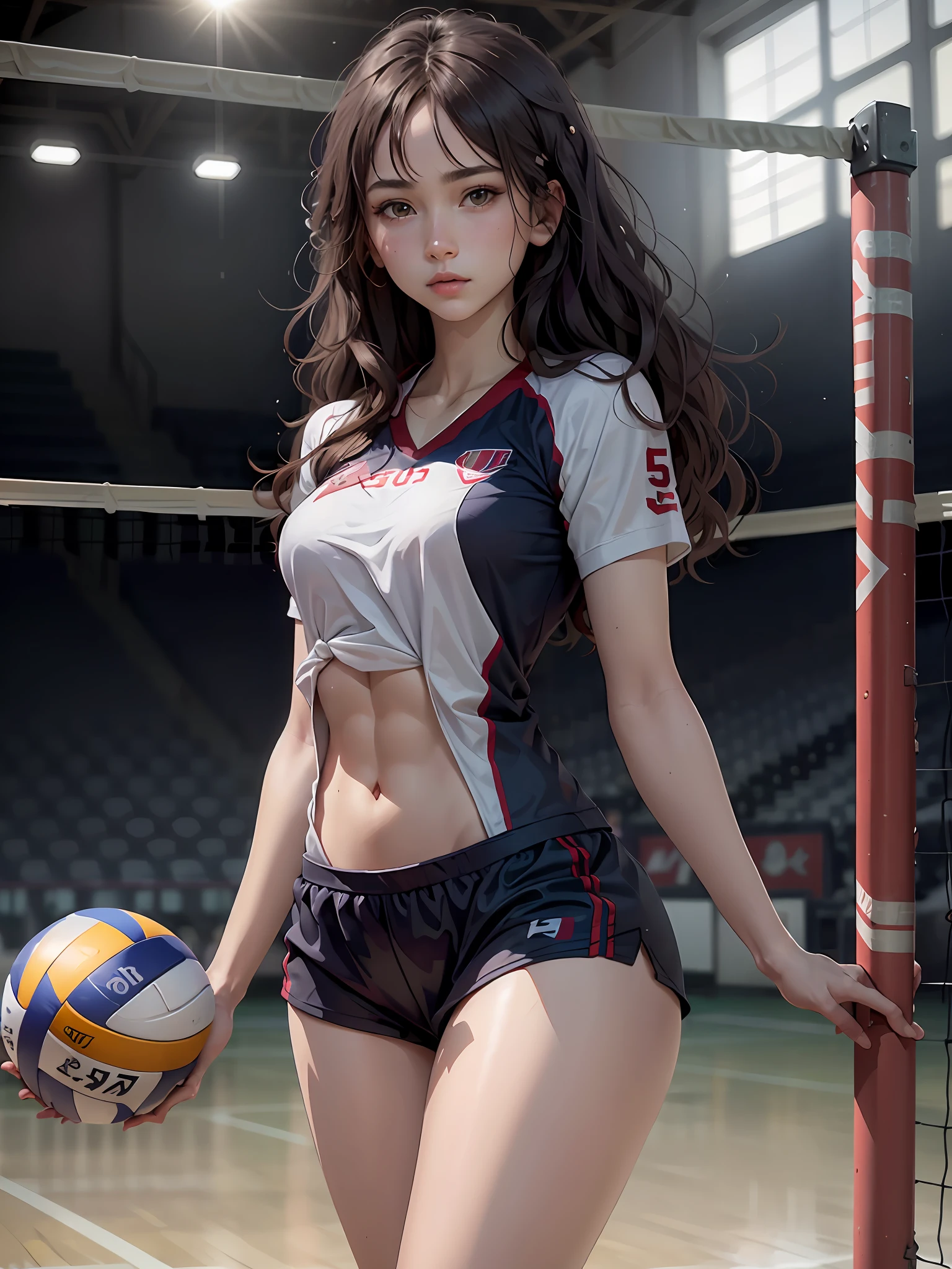 ((medium breasts⁩, Beautiful Girl, small head)), Daylight, Sunlight, (Chiseled abs : 1.1), (Perfect body : 1.1), (Wavy Hair : 1.2) , Black Long Hair, nice legs, Wearing a volley ball uniform , (Very detailed CG 8k wallpaper), (extremely delicate and beautiful), (masutepiece), (Best Quality:1.0), (Ultra High Resolution:1.0),  Beautiful lighting ,Perfect Lightning, Realistic Shadows, [hight resolution], Detailed skin, Ultra-detailed,Volleyball Venues