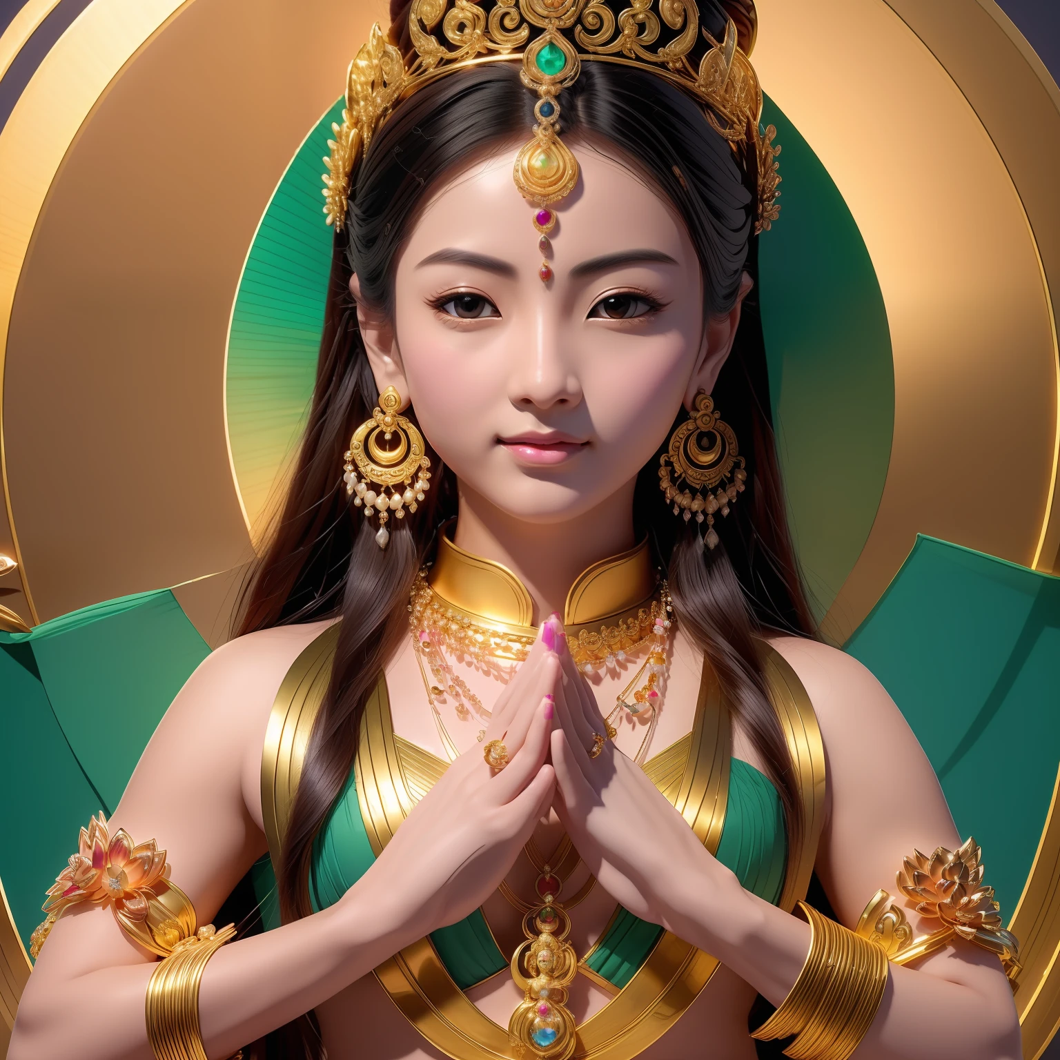 Beautiful green Tara skin is green，sitting on a lotus flower，Cross one leg， (((Body skin is green)))，Delicate，Bright big eyes look at the audience，Long time brilliant，hand seal，Hold the flower in your right hand and hold it up，The left hand is a mudra with the palm facing outward，Complete foot structure，Barefoot，The sky behind the head has a circular circle of light，Light，Bodhisattva sitting，（primitive：1.2），（realisticlying：1.4），（Sharpness：1.2），16 yaers old，(((body high：1.5))),（（Gemstones refract dazzling light）），（（middlebreast：1）），（Abs：0.7），（glute：1.2），(healthy-looking skin， Thin skin， seductiveexpression， 二重まぶた，Jelly textured lips， Glowing lips，Small upturned lips，Shiny skin，(((Flawless skin texture)))，Real pores，ctextured skin，choker necklace，Wear a lot of yingluo，（Wear gemstones，pearls，hisui，amber，），（（Gorgeous and exquisite crown，gemstone setting）），（Dynamic hair，long whitr hair，Beaded hairpins，Nobile，Delicate skin texture），Glossy glossy skin，Glowing skin，Radiant hair，The head is illuminated with an aperture，The body shines， High quality detailing， Cinematic lighting，,absurderes, unbelievable Ridiculous, hugefilesize, ultra - detailed, A high resolution, The is very detailed，best qualtiy，tmasterpiece，illustratio，The is very detailed，CG，unified，8k 壁纸，Amazing Cleavage，finely detailled，tmasterpiece，(((dynamicposes)))，((Correct anatomy)),(((Correct dissection))，indian goddess of wealth，