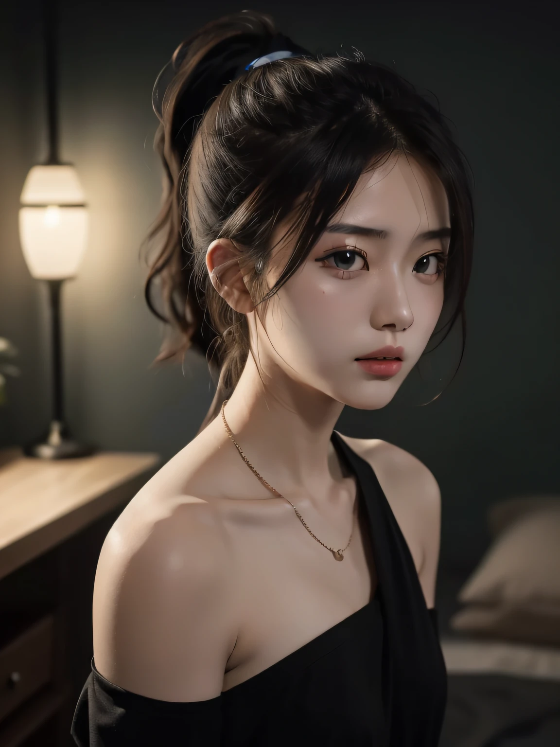 best qualtiy, tmasterpiece, 超高分辨率, (realisticlying:1.5), RAW photogr, 1girll, bshoulders, in the darkness nigth, deep shading, low tune, cold light, Sexy look, High ponytail
