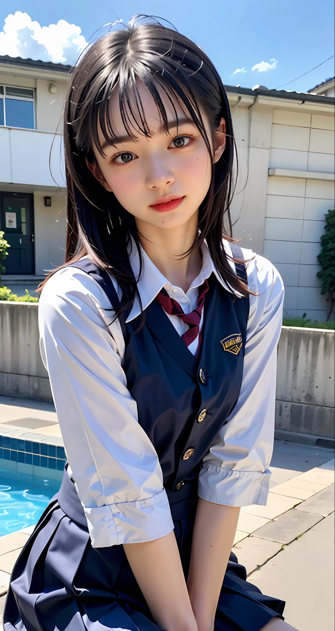 (((top-quality、​masterpiece))、Raw photography、8K、top-quality、 超A high resolution、Beautiful face in every detail、Realistic human skin、Gentle expression、front-facing view、Farbe々From an angle、length hair、realisitic、Photorealsitic、cute little、a short skirt、cute school girl、Japan schoolgirl wearing uniform、Surreal High School Girl、blue-sky、outside of house、in poolside、wrist watch、