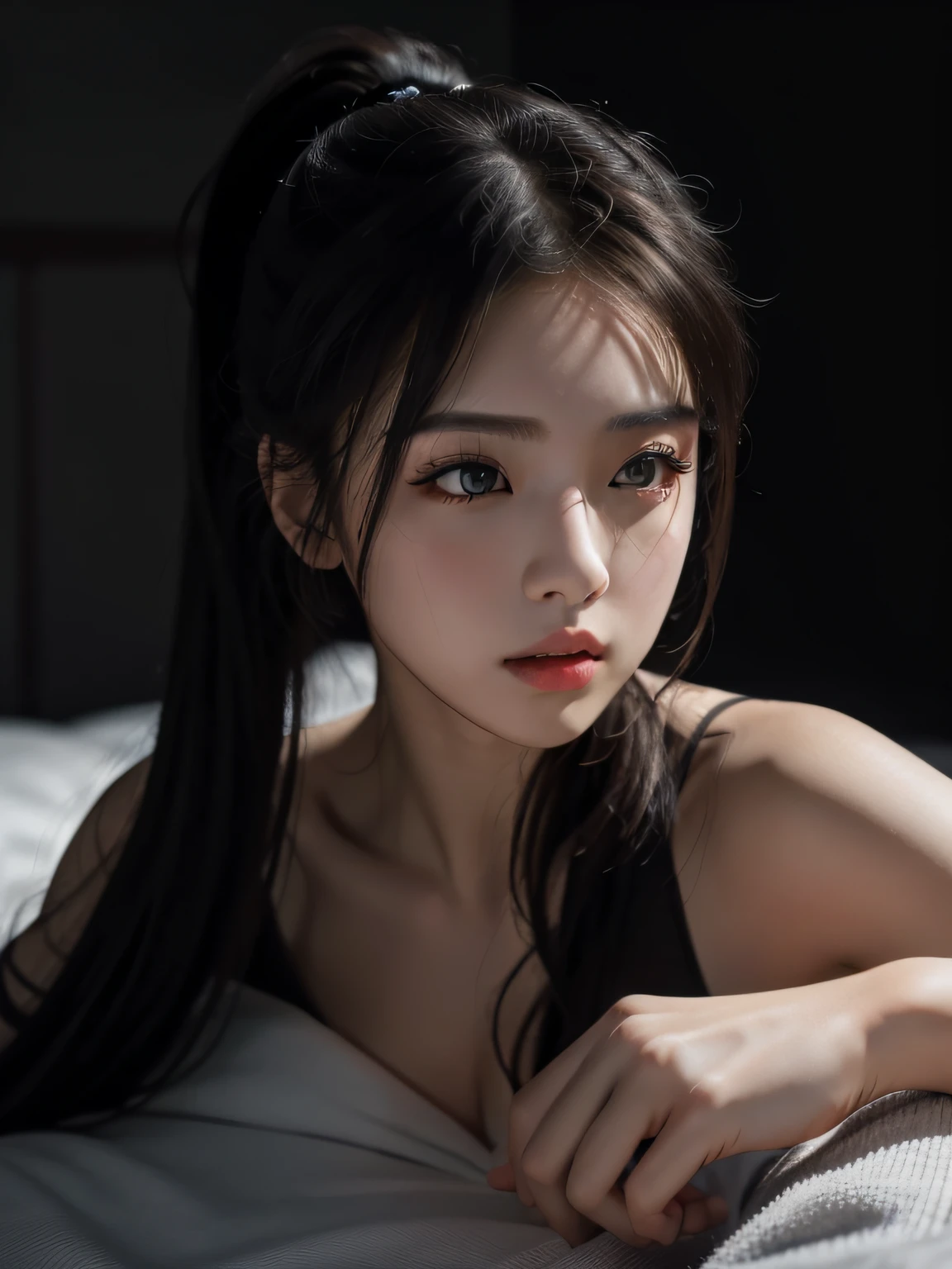 best qualtiy， tmasterpiece， 超高分辨率， （realisticlying：1.5）， RAW photogr， 1girll， bshoulders， in the darkness nigth， deep shading， low tune， cold light， Sexy look， High ponytail