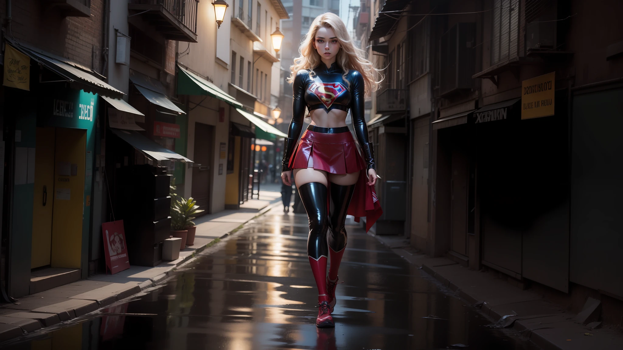 Mulher jovem, rosto perfeito, bonita, athletic, cabelos loiros, coxas grossas, middlebreasts, cintura estreita, usando top de latex com S de supergirl no peito, top de mangas longas, saia de latex preta, minissaia, saia curta, saia justa, roupas curtas, pernas bonitas, pernas nuas, abdome definido, abdome exposto, magra, elegante ambiente urbano, luz do dia