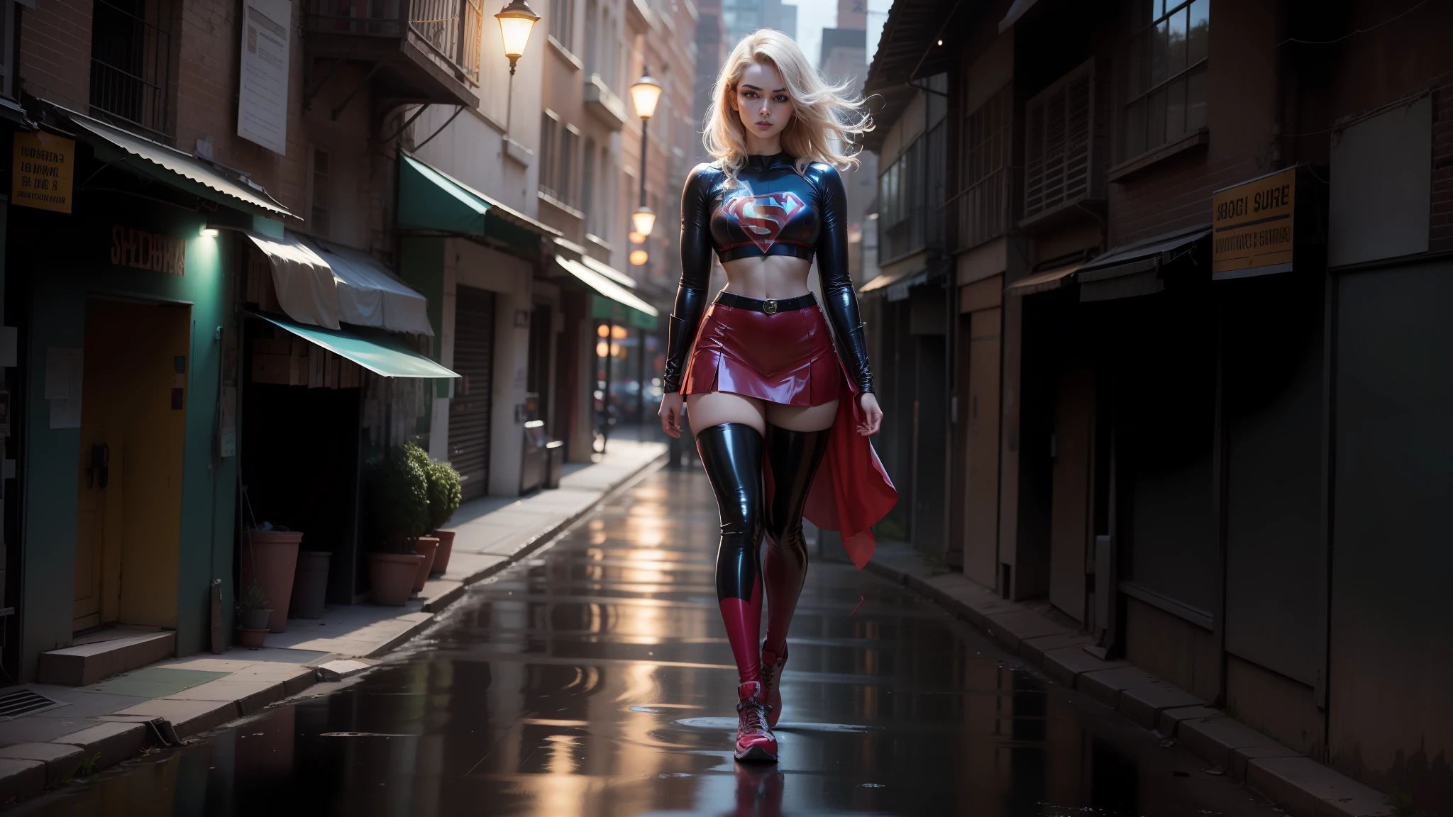 Mulher jovem, rosto perfeito, bonita, athletic, cabelos loiros, coxas grossas, middlebreasts, cintura estreita, usando top de latex com S de supergirl no peito, top de mangas longas, saia de latex preta, minissaia, saia curta, saia justa, roupas curtas, pernas bonitas, pernas nuas, abdome definido, abdome exposto, magra, elegante ambiente urbano, luz do dia