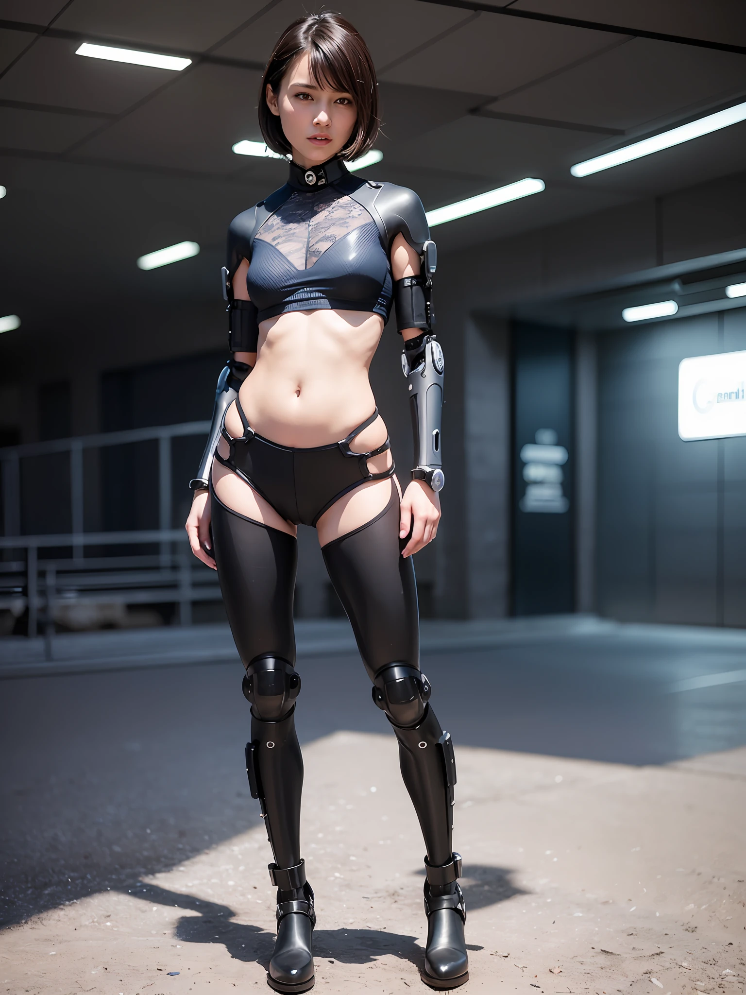 Complex 3d rendering very detailed beautiful ceramic silhouette female robot face, black rough lycra leotard, glowing blue band, cyborg, robot parts, robotic arm, robotic legs, looking viewer, 150mm, soft light, edge light, vibrant detail, luxurious cyberpunk, lace, surrealism, anatomy, facial muscles, tight, cable wire, microchip, elegant, beautiful background, octane rendering, HR Giger style, 8k, best quality, masterpiece, illustration , extremely refined and beautiful, extremely detailed, CG, unified, wallpaper, (realistic, realistic: 1.37), amazing, fine details, masterpiece, best quality, official art, very detailed CG unified 8k wallpaper, full body, grinning, standing, sexy pose, small tits, futuristic city, architecture, outdoors