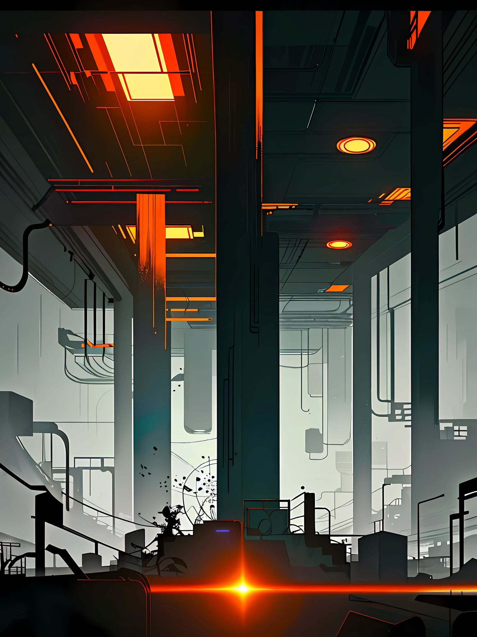 (blame! style abandoned tech landscape), (Zen, Amy Sol style), (underground, dark, foggy, perilous, abandoned apartment space, deep tunnels), cover art with light abstraction, abstract, simple vector art, contemporary Cybernetic art, color gradients, soft color palettes, layered forms, whimsical animation, style Ethereal abstract, 4K, --v6
