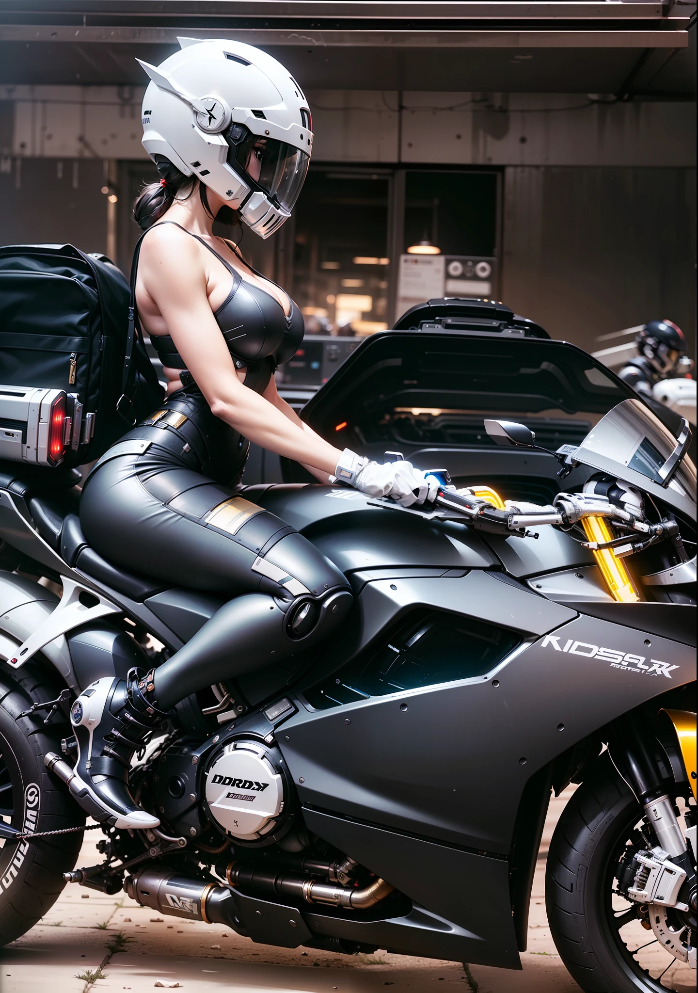 Sexy cyberpunk female knight,cabellos largos dorados,White mech costume,Sophisticated white tech helmet,Nousr, Biomechanicals, MSHN Robot Woman,High-tech helmet,hyper realisitc, Steel, Complex design, insanely details, finely detailled, Extremely clear lines, cinmatic lighting, photograph realistic, A detailed masterpiece
