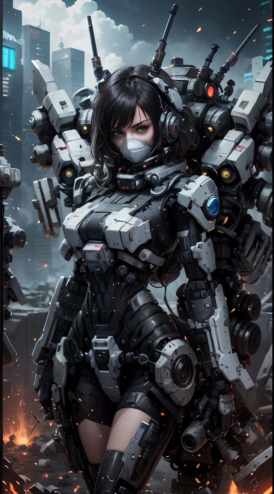 This is a CG Unity 8k wallpaper with ultra-detailed, high-resolution and top quality in cyberpunk style, dominated by black and red. In the picture, a beautiful girl with white messy short hair, a delicate face, wearing a steam mecha mask, standing on the ruins, behind her is a huge robot, and the action of a woman holding a heavy sniper rifle in her hand,