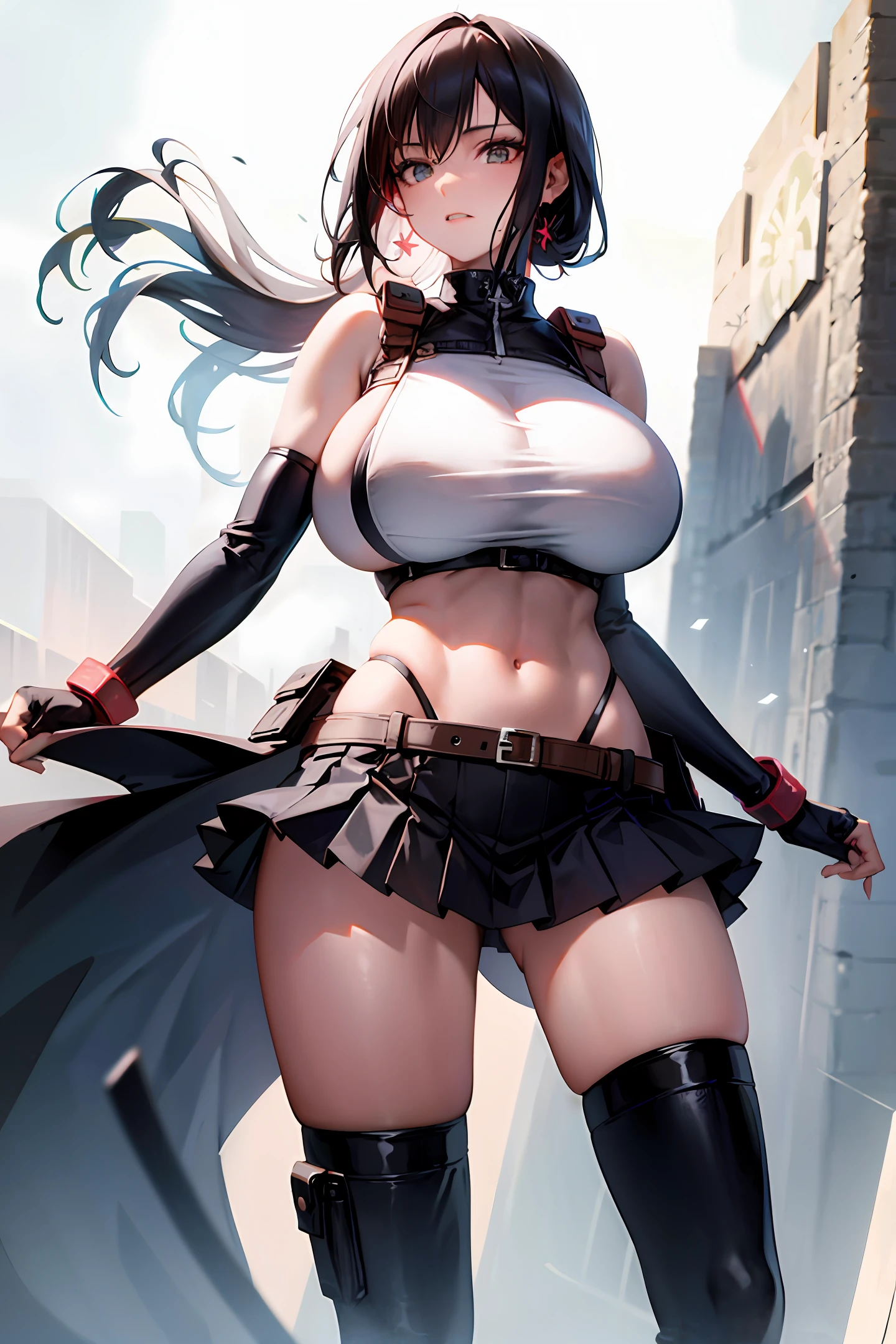 anime big breast，（tmasterpiece，best qualtiy），intricately details，（best qualtiy）），（（tmasterpiece）），（（realisticlying）），（s fractal art：1.2）， 1girll， 7rtifa， crop tops， arm guards， Fingerless gloves， Harnes， pleated super short skirt， Black thighs， Red boots with extremely detailed eyes，extremely colorful，The highest level of detail， vivd colour，hight contrast， （8K UHD：1.2），（Photorealsitic：1.2），beauitful face，The top body is super realistic lean muscle and super largest_breasts！！With boobs_The type of melons，The lower ones are huge hips，wet shiny body，huge tit