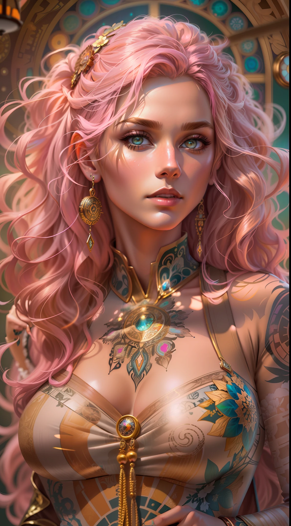 tattooed Teddi Mansueto, full body length standing of a photorealistic beautiful woman, proportionate, intense coloration fantasy, light hair, a stunning realistic photograph 20 years , bubblegum pink colored hair, upper class fashion, random color eyes, full body, cover, dress design has fractal and tiling features, hyperdetailed painting, luminism, octane render, Bar lighting, complex, {{Martin Ansin}}, 8k resolution concept art portrait by Martina Fačková and Prywinko Art, Artgerm, WLOP, Alphonse Mucha, little fusion pojatti realistic steampunk, fractal isometrics details bioluminescence : hypereallistic cover photo awesome full color, hand drawn, dark, gritty, realistic mucha, klimt, davinci, erte .12k, intricate. hit definition , cinematic,Rough sketch, mix of bold dark lines and loose lines, bold lines, on paper , real life human, bold colors on dresses,