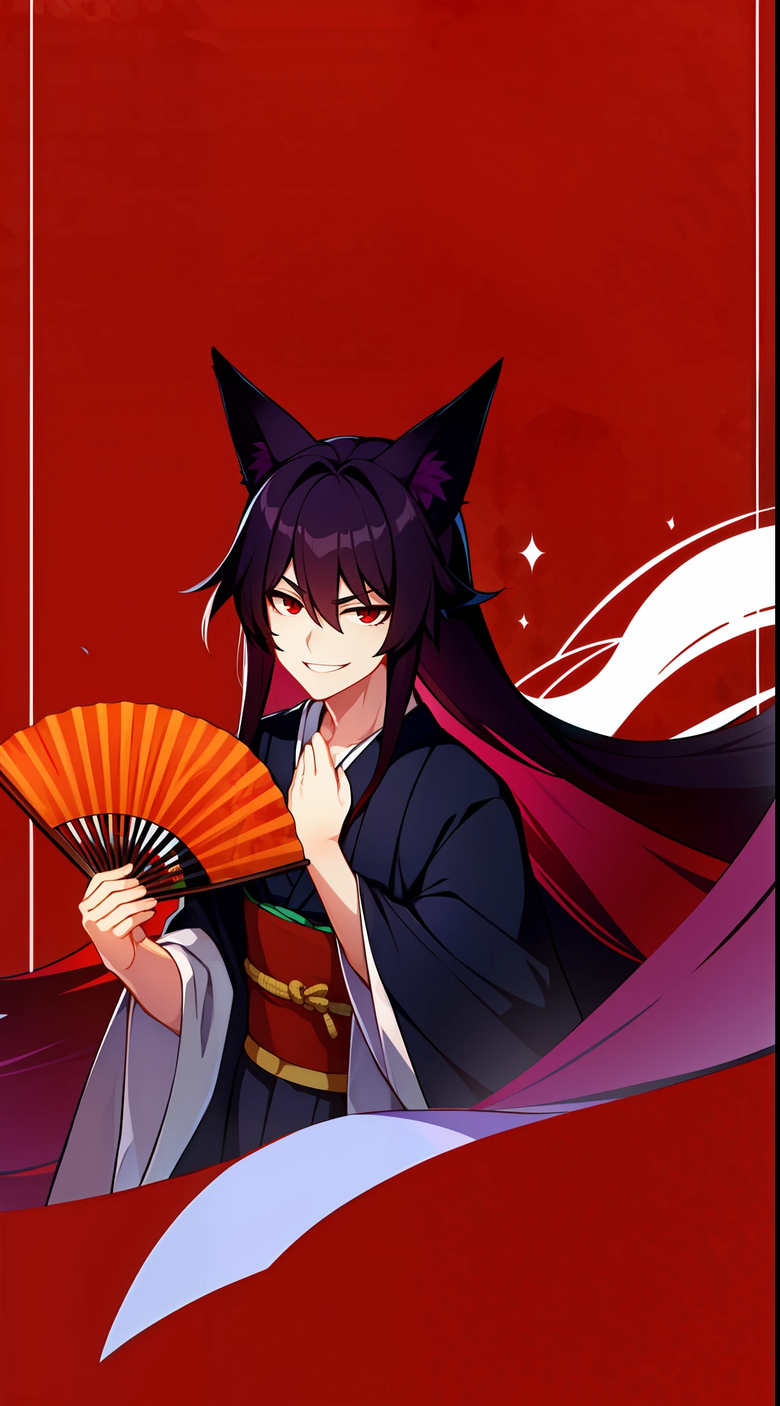 young boy, long dark purple hair, Fox ears, red eyes, dark purple kimono, smirk, fan, Masterpiece, hiquality