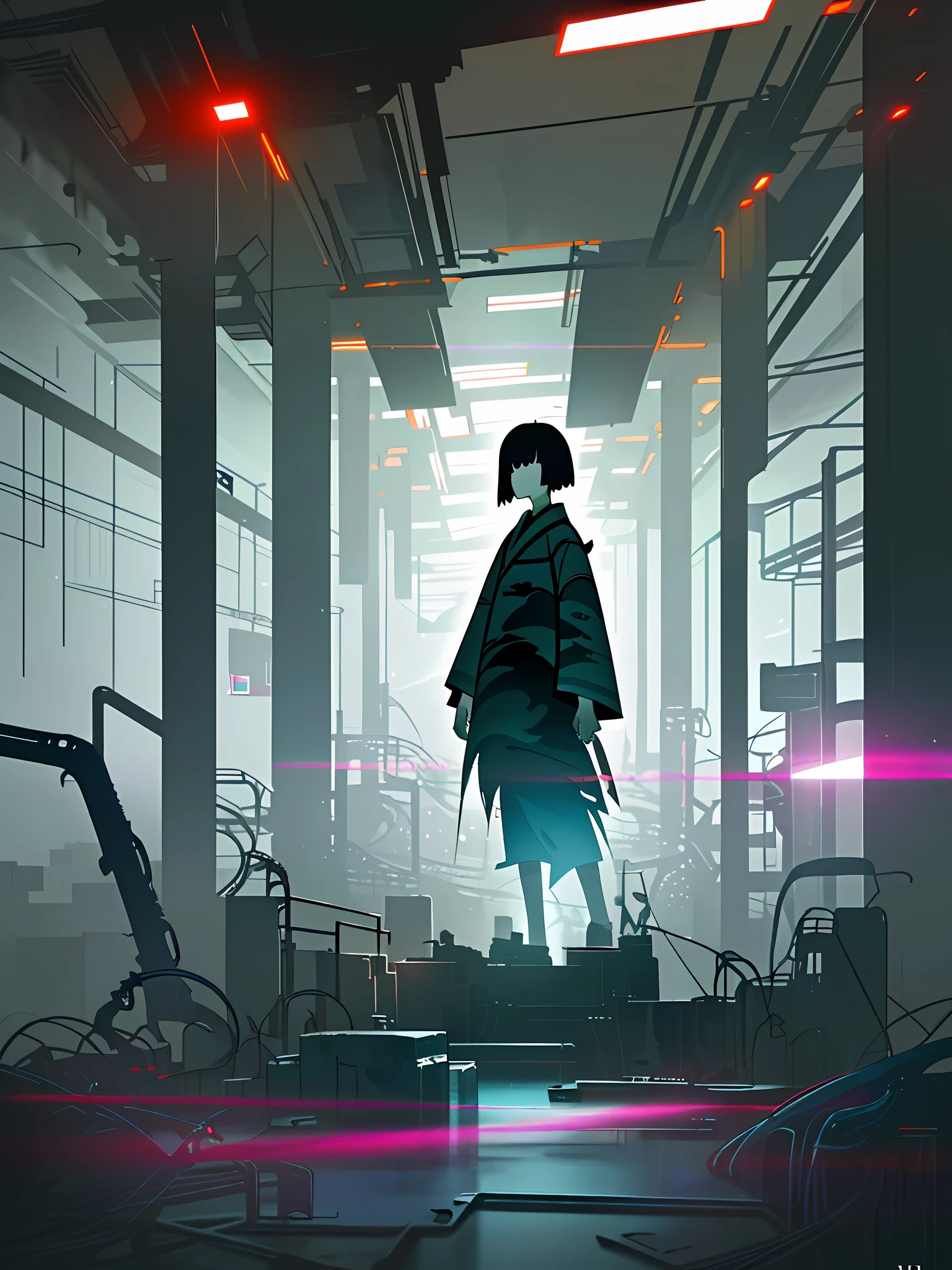 (blame! style abandoned tech landscape), (Zen, Amy Sol style), (underground, dark, foggy, perilous, abandoned apartment space, deep tunnels), cover art with light abstraction, abstract, simple vector art, contemporary Cybernetic art, color gradients, soft color palettes, layered forms, whimsical animation, style Ethereal abstract, 4K, --v6