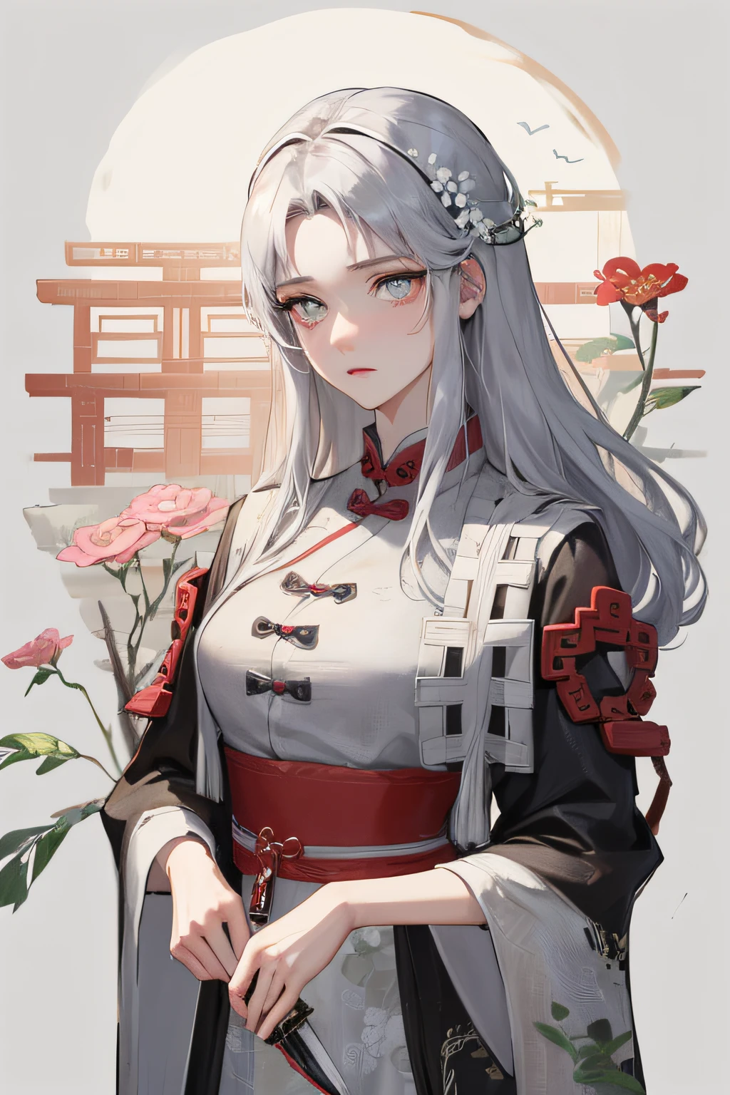 Masterpiece, Best quality, Night, full moon, 1 girl, Mature woman, Chinese style, Ancient China, sister, Royal Sister, Cold expression, Expressionless face, Silver white long haired woman, Light pink lips, calm, Intellectual, tribelt, Gray pupils, assassins, short knife, flower ball background, Stroll through the street view