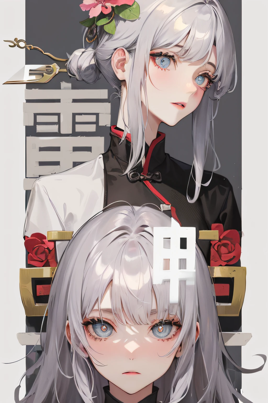 Masterpiece, Best quality, Night, full moon, 1 girl, Mature woman, Chinese style, Ancient China, sister, Royal Sister, Cold expression, Expressionless face, Silver white long haired woman, Light pink lips, calm, Intellectual, tribelt, Gray pupils, assassins, short knife, flower ball background, Stroll through the street view