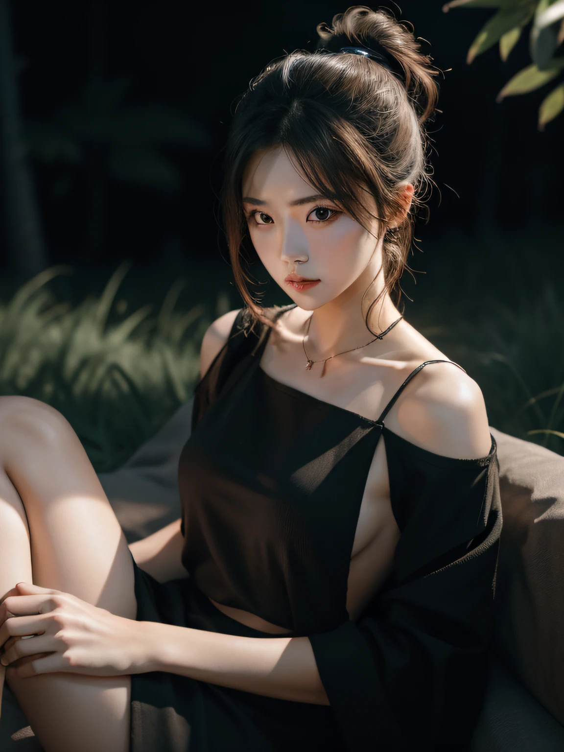 best qualtiy, tmasterpiece, 超高分辨率, (realisticlying:1.5), RAW photogr, 1girll, bshoulders, in the darkness nigth, deep shading, low tune, cold light, Sexy look, High ponytail