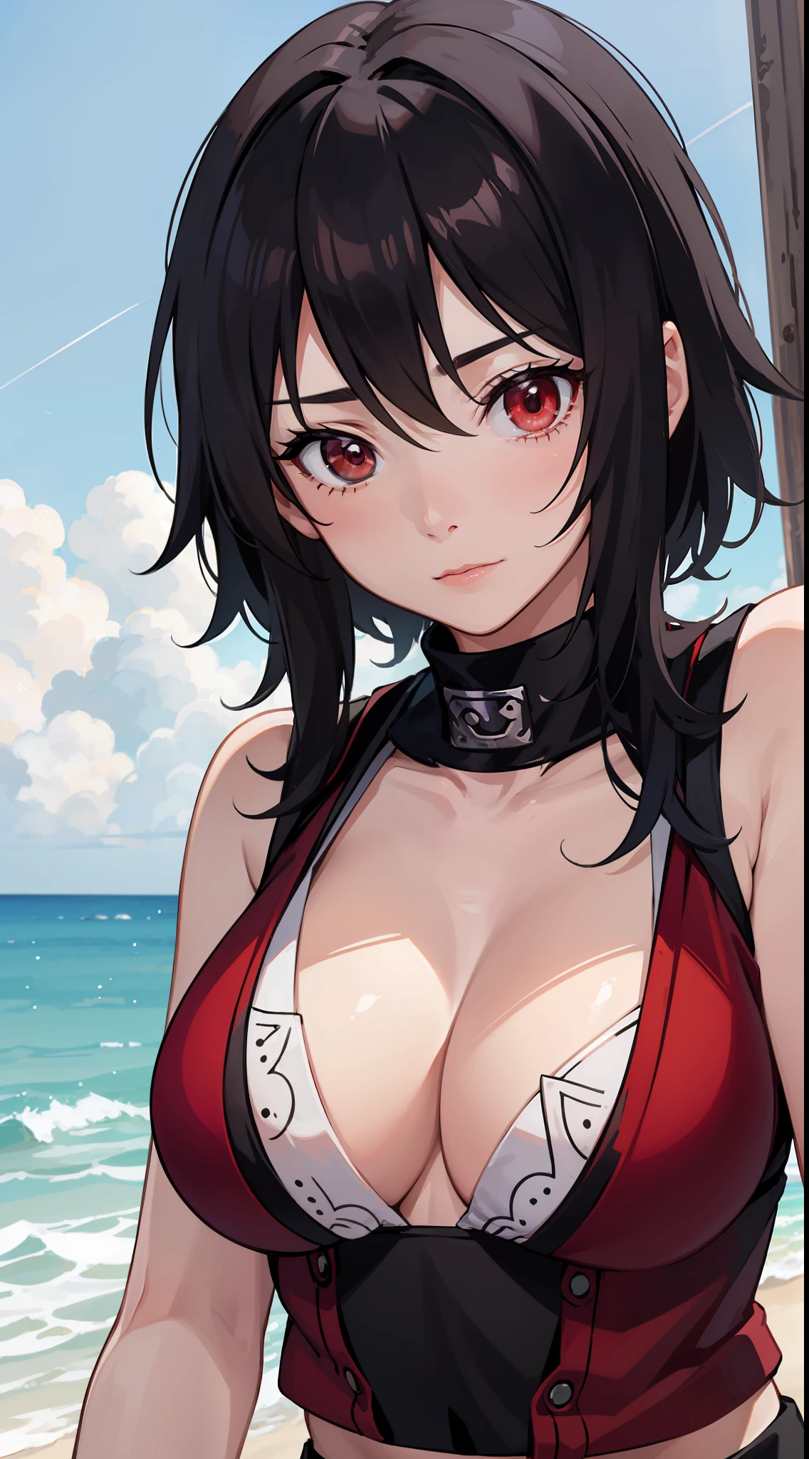 one-girl,upperbody closeup,sportrait,cleavage,Naruto,red - eyed,nar_kurenai_yuhi ,Forehead,比基尼,sea beach