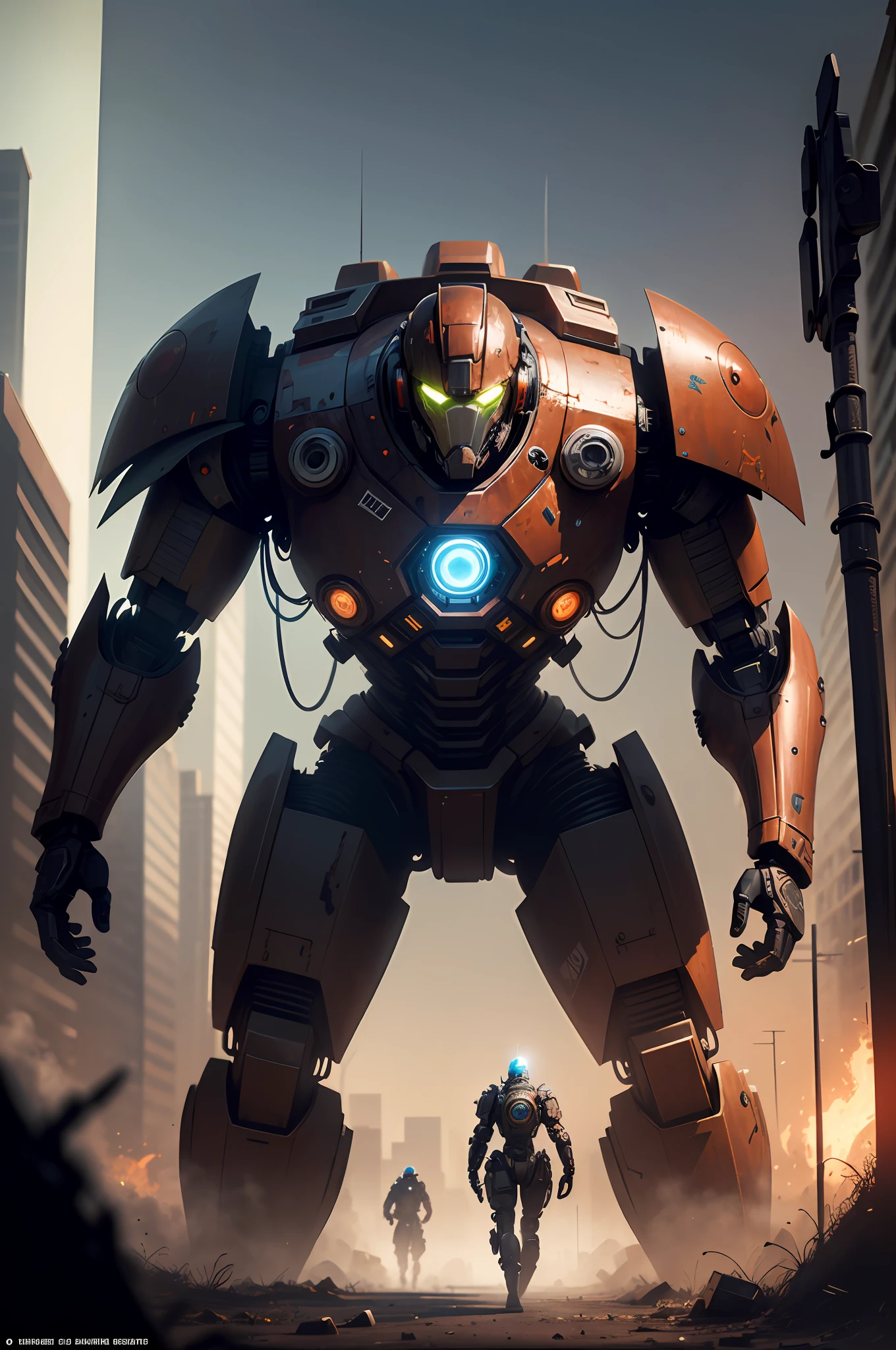 On the moon, barren planet, ruins, holding weapons, no humans, glowing, robot, building, glowing eyes, orange mech, science fiction, city, reality, mecha, galaxy background, full body, neon, cyber Punk, 8K wallpapers, ultra-detailed artwork, cinematic lighting, realistic photos, Dark_Fantasy, Cyberpunk, (chain saw, chain saw man, Red: 1.1), 1man, Mechanical marvel, Robotic presence, Cybernetic guardian, wearing a worn-out machine armor suit, intricate, (steel metal [rust]), elegant, sharp focus, photographed by greg rutkowski, soft lighting, vibrant colors, masterpiece, ((street)), cowboy shot, dynamic pose, --auto