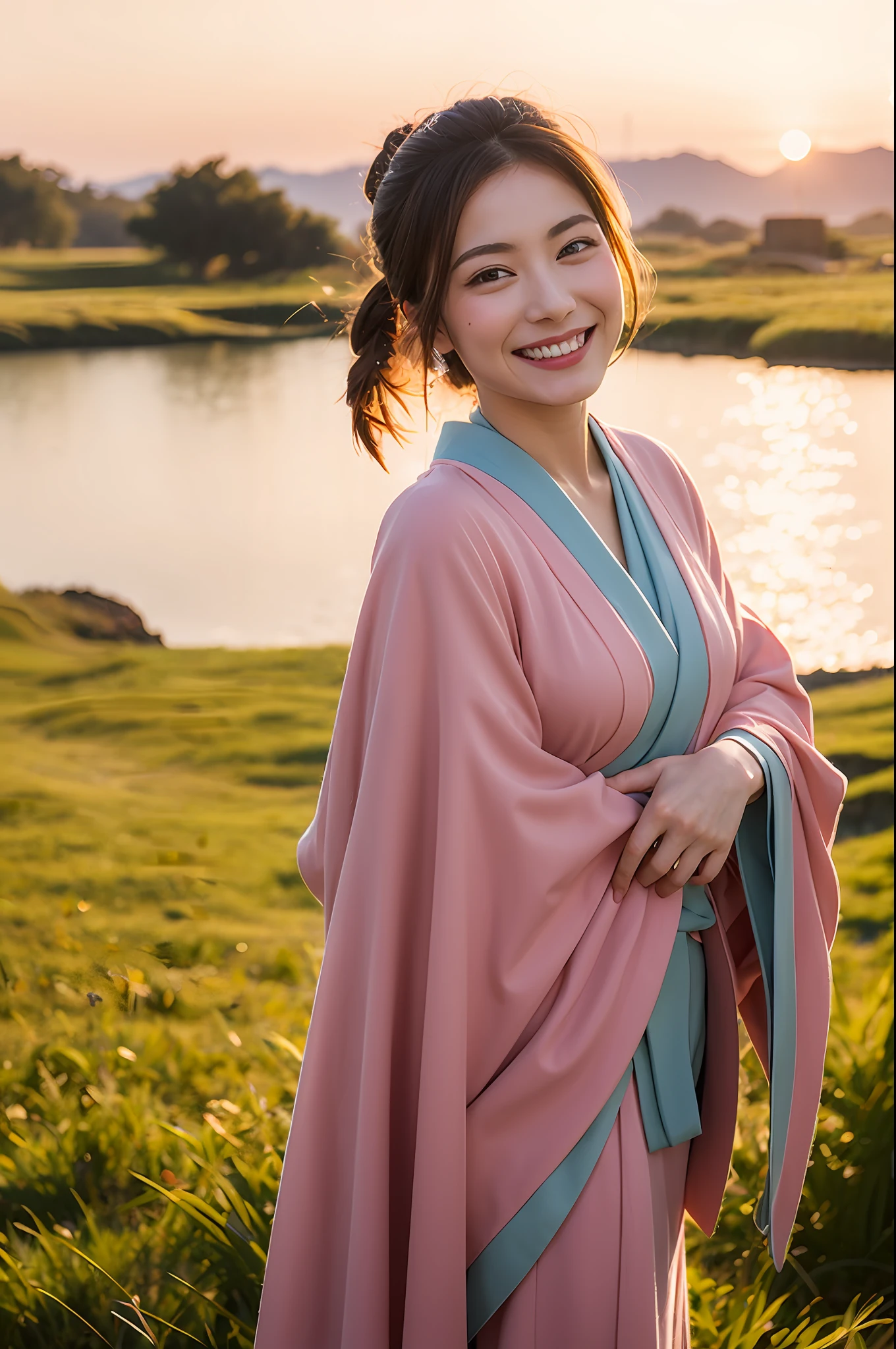 beautiful japanese female、Vivid kimono、top-quality、​masterpiece、超A high resolution、Photorealsitic、Look at the horizon、A smile、Blurred background