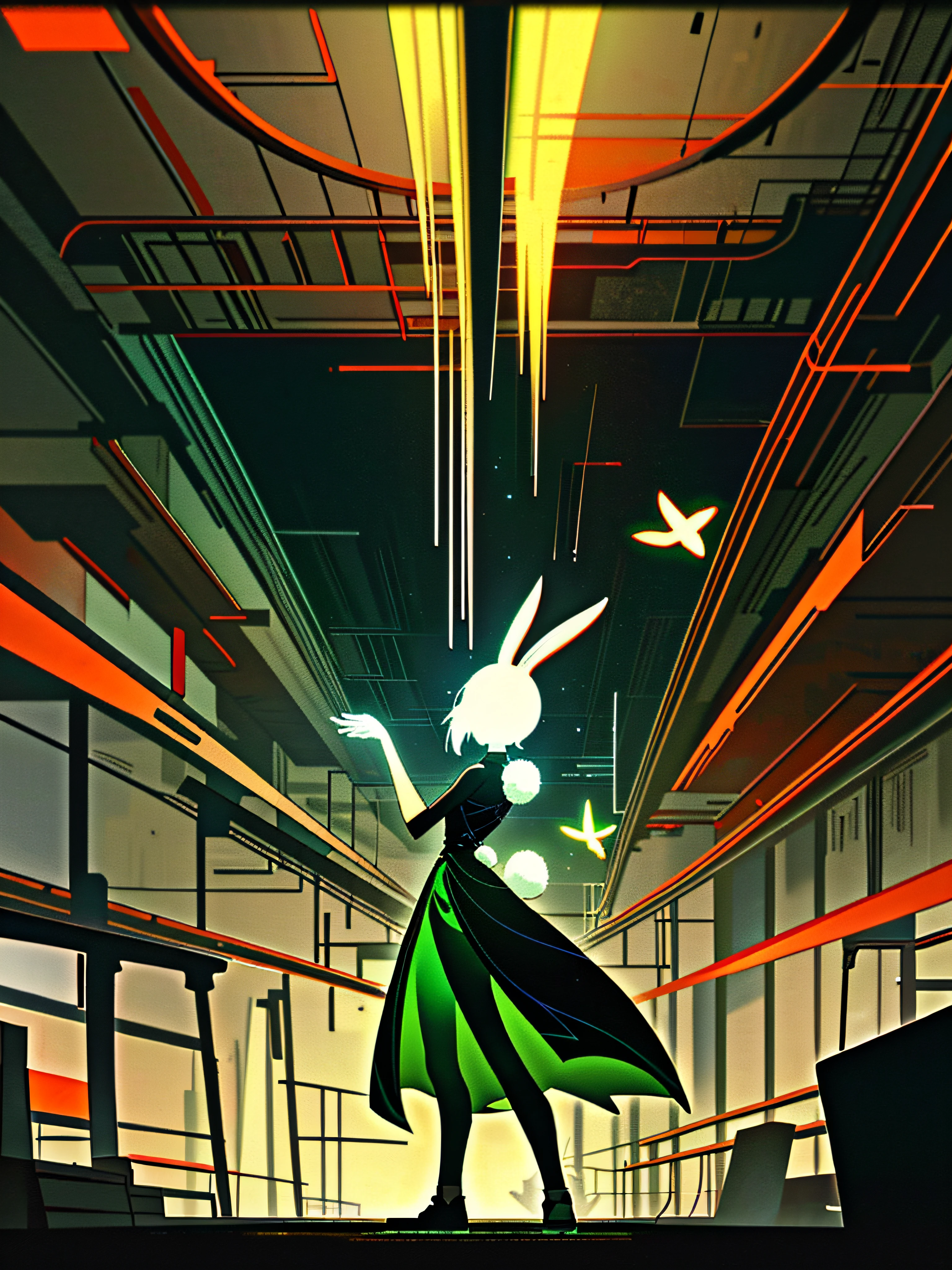 (blame! style abandoned tech landscape), (Zen, Amy Sol style), (underground, dark, foggy, perilous, abandoned apartment space, deep tunnels), (abstract figure wearing bunny ears), cover art with light abstraction, abstract, simple vector art, contemporary Cybernetic art, color gradients, soft color palettes, layered forms, whimsical animation, style Ethereal abstract, 4K, --v6