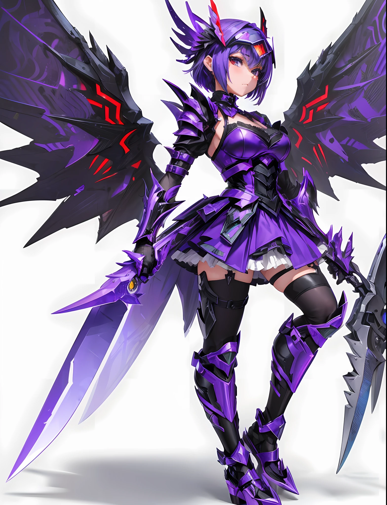A beautiful girl character that pays homage to Gigan. Black and Blue-purple cyber-style maid outfit. A metal blade connected to the skirt. Falx in both hands. Silver mesh on purple short hair. red goggles. Red fin ribbon on the back