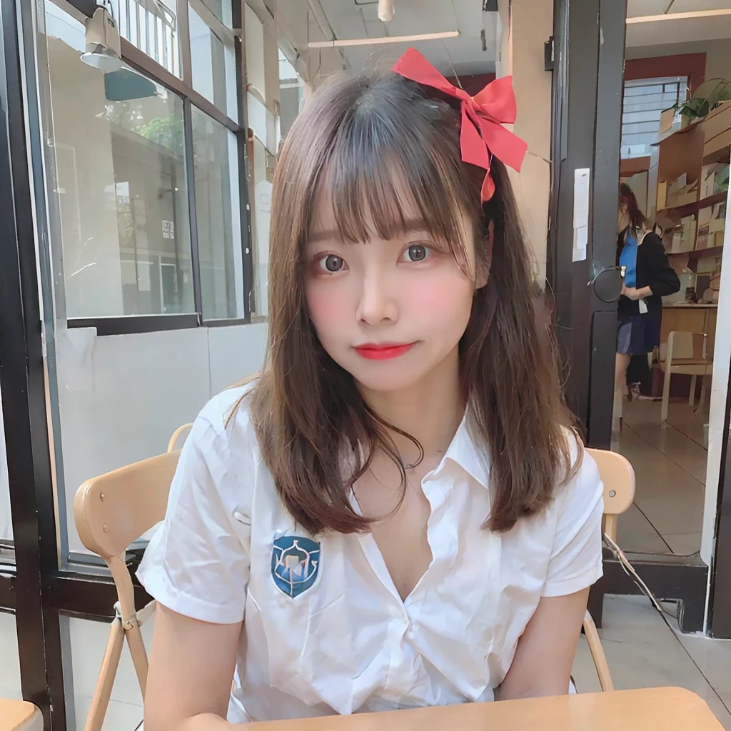 top-quality、超A high resolution、(photoRealstic:1.4)、red blush、cute little、(详细的脸)、Light smile、Looking at the camera、School Classroom 2.0. (One girl)(Long hair that grows to the waist 1.5)(sit a chair)(White shirt with short sleeves)(School Uniform Skirt 1.5)Loose color (V-shaped open chest 1.5) (No bra 1.5(Outstanding cleavage 1.8)(Huge 2.0)(Great cleavage 1.5)Upper body photo