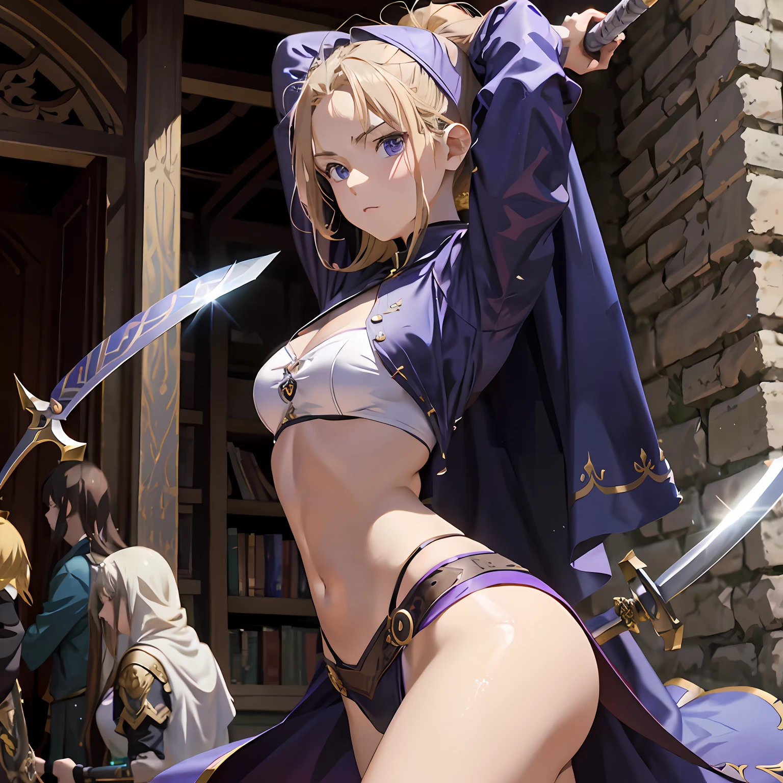 The purple-clothed blonde woman held two swords and a sword, 2. 5 D CGI anime fantasy artwork, posing with a sword, photorealestic, Realistic fantasy rendering, wlop and ross thran, Fanart Meilleure ArtStation, 3 D rendering character art 8 K, Ross Tran 8 K, alena aenami and artgerm, natalie from epic battle fantasy,Sharp eyes,Grim expression,Maple tree in the background