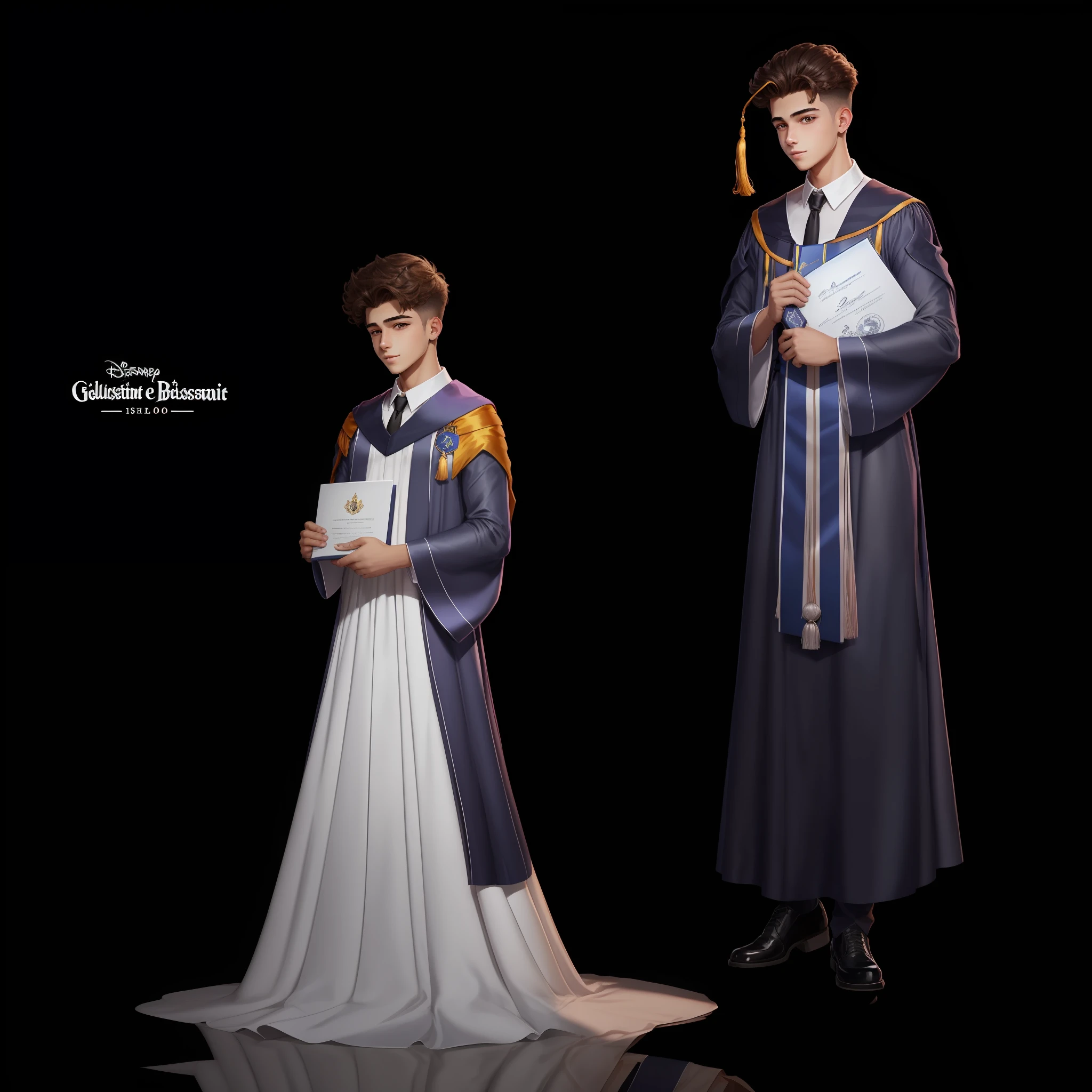 menino, 16 anos, feliz, cabelos negros, olhos castanhos, alegres e marcantes, Dress with a graduation gown with diploma in hand , estilo cartoon, estilo personagens Disney, Imagem de melhor qualidade --auto