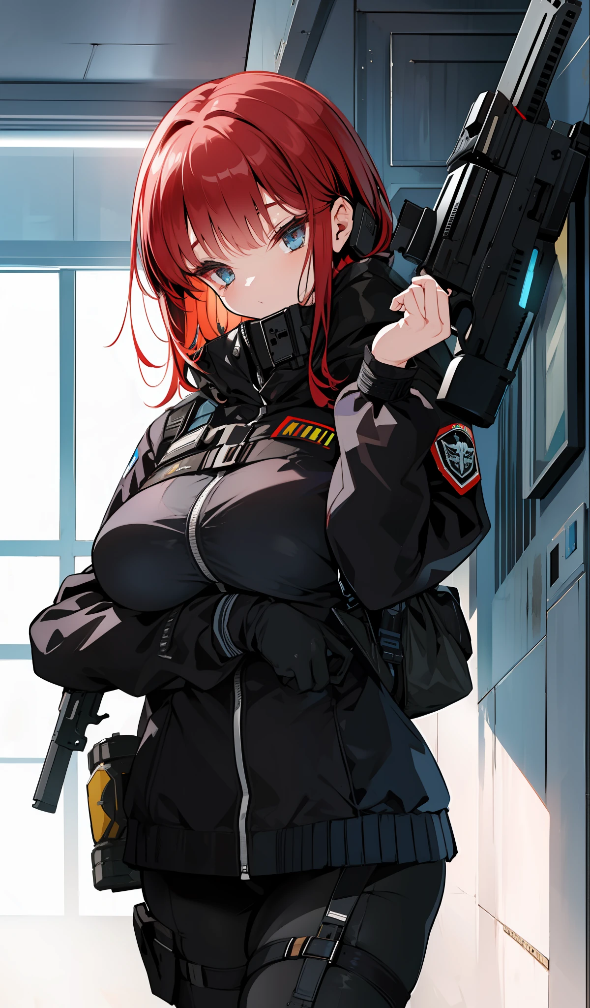 illustratio、(top-quality)、(((​masterpiece)))、(Hi-Res)、Original、(Solo Girl)、A sexy、Thick、Big body、(Red-haired),With guns and rifles, Helghast, Wolfenstein, unigine render, holding a blaster, imperial military, cyberpunk imperial military, Have an MP7, with a pistol, RB6s), Wearing a black Sith uniform, Superb Detail, RB6s, RB 6 S, great level of detail