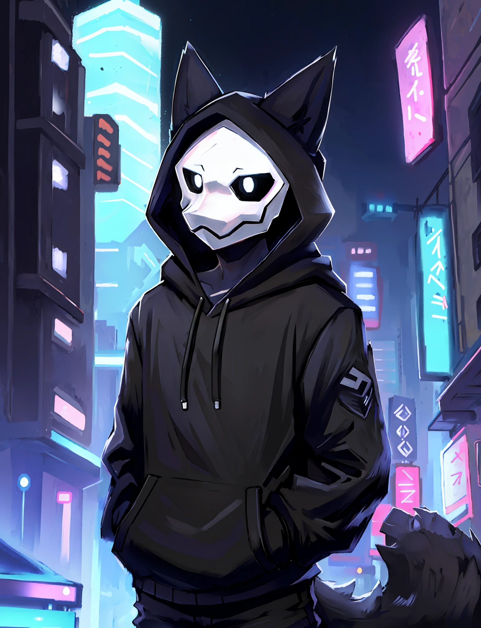 Close-up of a man in a hoodie wearing a cat mask, cyberpunk anime girl in hoodie, Badass anime 8 K, wearing a hoody, an anthropomorphic cyberpunk fox, style of anime4 K, Anime art wallpaper 8 K, Best anime 4k konachan wallpaper, fursona wearing stylish clothes, Anime art wallpaper 4 K, Anime art wallpaper 4k