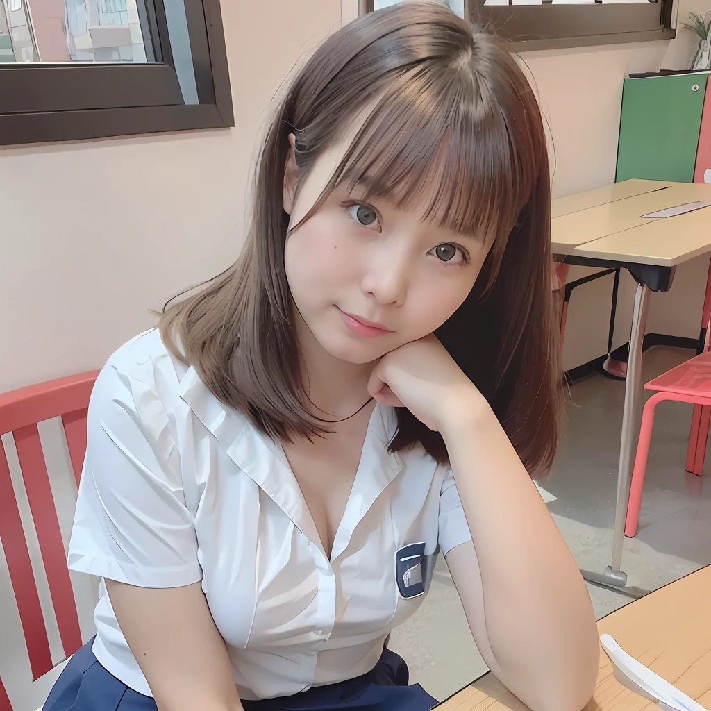 top-quality、超A high resolution、(photoRealstic:1.4)、red blush、cute little、(详细的脸)、Light smile、Looking at the camera、Spend lunch break in school classroom (One girl)(long hair that grows to the waist)(sit a chair)(Before her、Lunch box on the desk)(White shirt with short sleeves)(School uniform skirt)Loose color (V-shaped open chest 1.5) (no-bra)(Prominent cleavage 1.8)(Huge 2.0)(Large models)Upper body photo