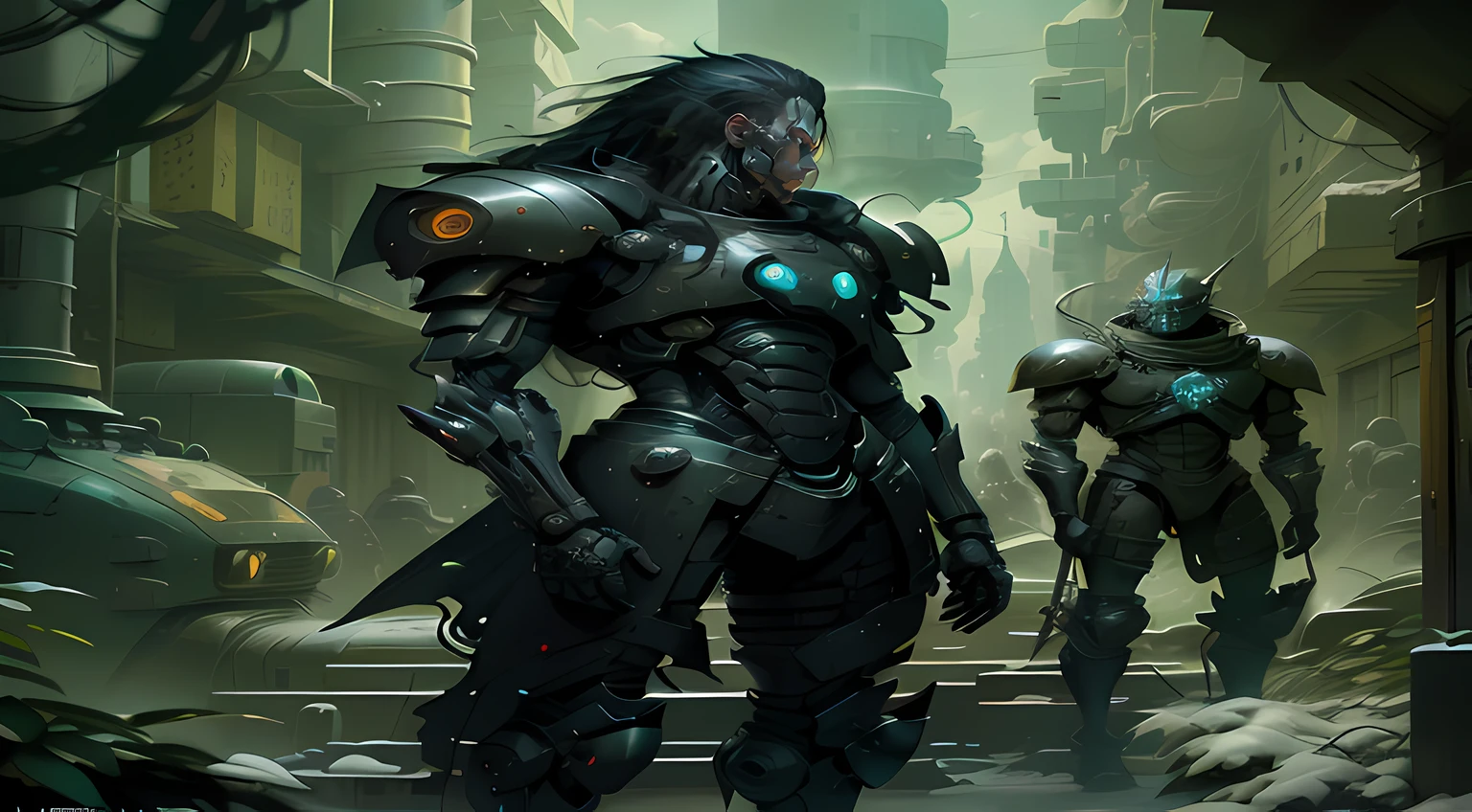 "Caballeros en estilo robot de armadura negra, arte impresionante, calidad impecable, estilo cyberpunk, robots poderosos, escena nocturna, Futuristic lighting, detallado, Dynamic action, fondos oscuros."