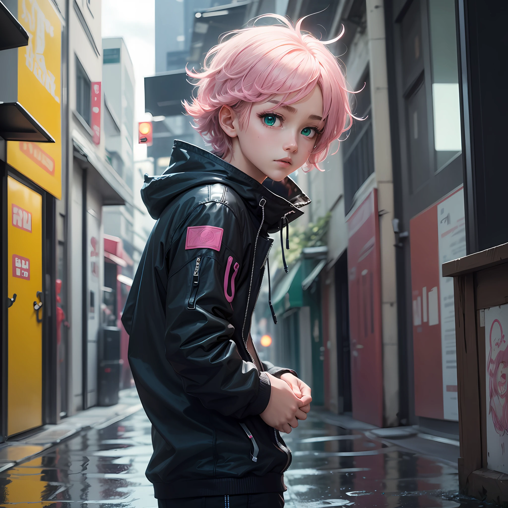 Anime shoujo，Stand up，Emerald green eyes，Blue-pink hair，cyber punk perssonage，Rainy days，Cute，floated hair，Short stature，Handsome looks，starrysky --auto
