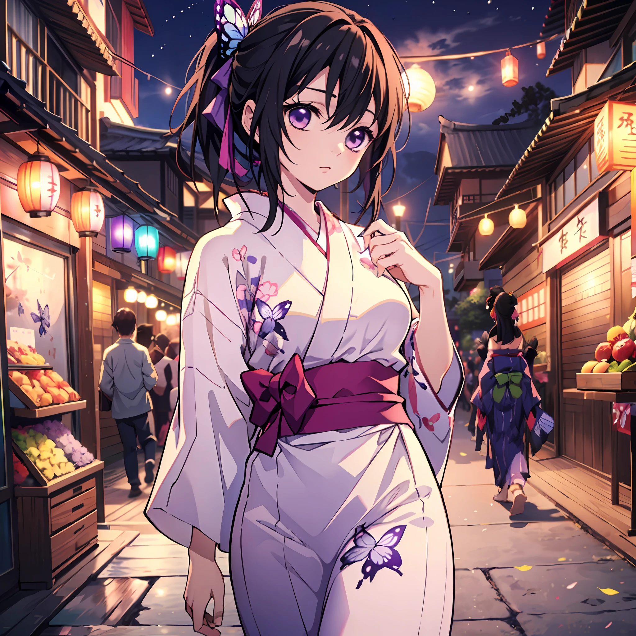 (top-quality,masterpiece,Masterpiece,high-level image quality,8k),1人の女性,独奏,Purple eyes,Beautiful black hair,skinny body shape,side poneyTail,Upside ponytail,butterflys々Hair ornaments,butterfly hair ornament,Green butterfly hair ornament,(Lilac yukata),Lilac yukata,Summer Festivals,omatsuri,Store,open air,Walking,full bodyesbian,Night festivities,matsuri,(full bodyesbian),Visible from head to toe,