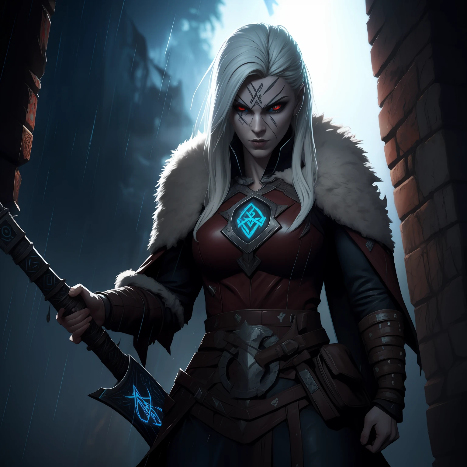 angel Viking woman, berserk, viking clothing, red eyes, White hair, dynamic pose, (with electric bass, rock bass in the form of rune), thunder, red lightning, storm, rain, microparticles, body in runes, dark fantasy, death metal, angelical aura, scandinavian runes, blood splashes,Cel-shaded, detailed, Arcane Animated Series Style, borderlands game style
