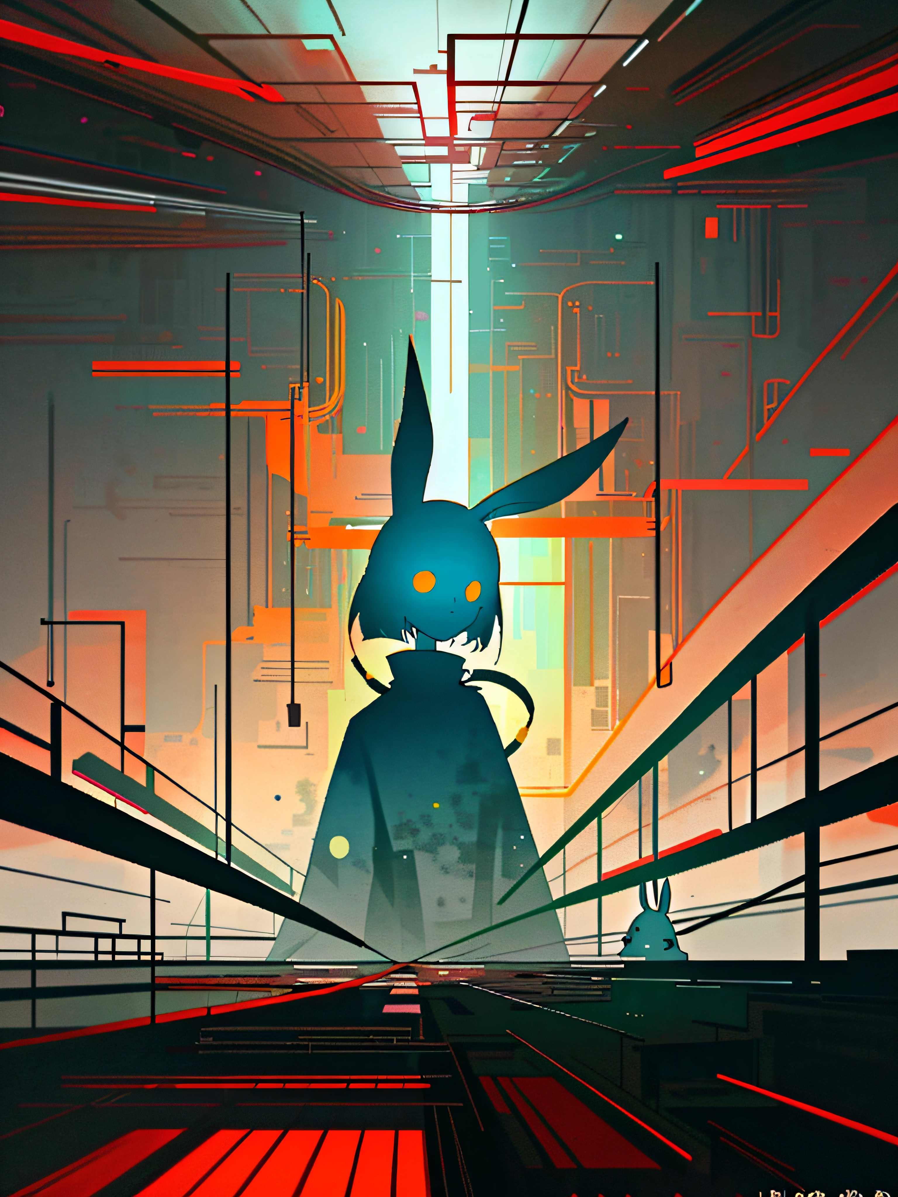 (blame! style abandoned tech landscape), (Zen, Amy Sol style), (underground, dark, foggy, perilous, abandoned apartment bedroom, deep windows), (abstract dystopian anthro rabbit figure wearing bunny ears), cover art with light abstraction, abstract, simple vector art, contemporary Cybernetic art, color gradients, soft color palettes, layered forms, whimsical animation, style Ethereal abstract, 4K, --v6