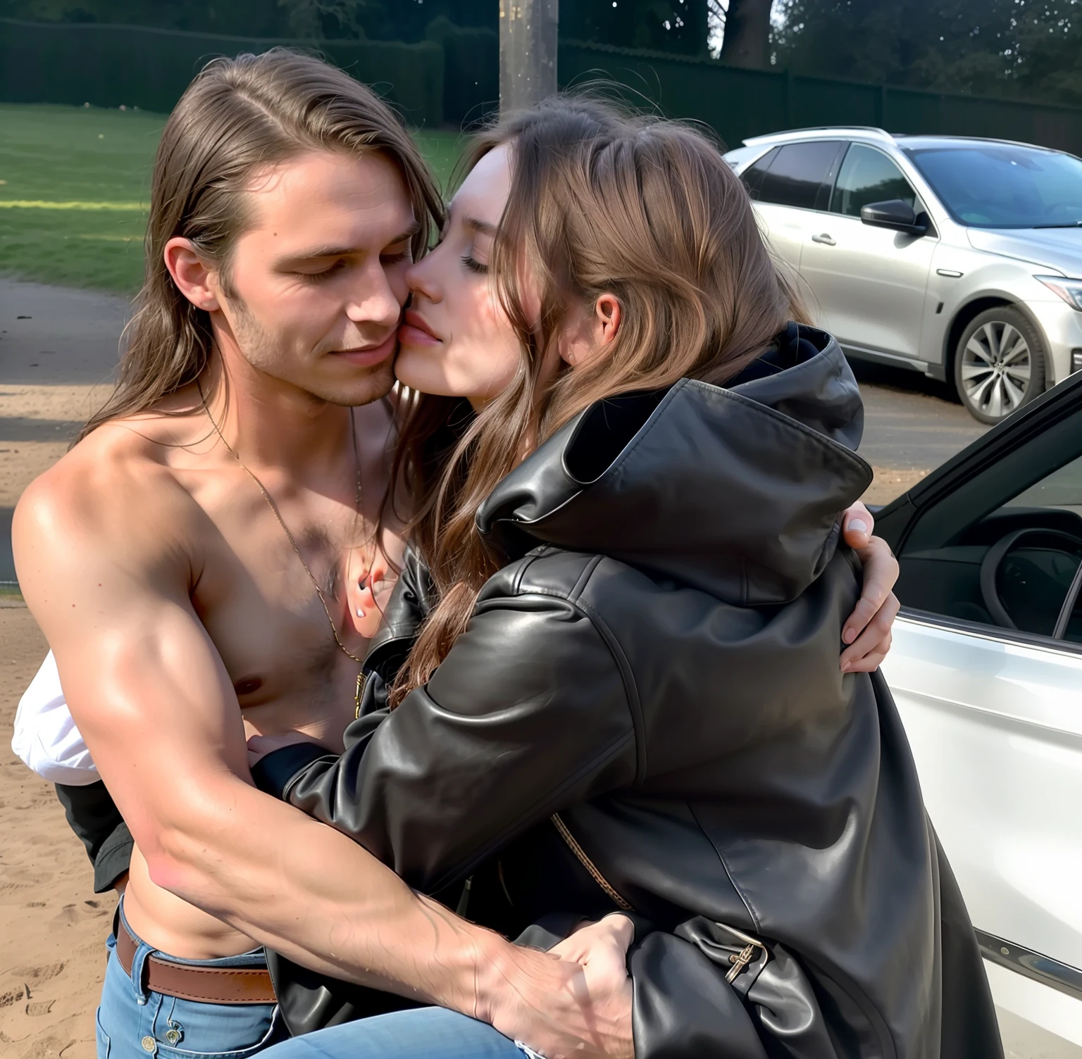 there are two people standing next to a fence kissing, a longhaired girl is wearing a long black high-shine laquered downcoat, an orgasmic girl in a high-shine coat is passionately kissing her boyfriend, arm around her neck, hugging her knees, they are in love, hugging, beautiful surroundings, private moment, face obscured, candid shot, photoshoot, uhd candid photo of dirty, photo shoot, couple, beautiful scene, hugging his knees, dsrl photo, instagram picture, reylo kissing, picture