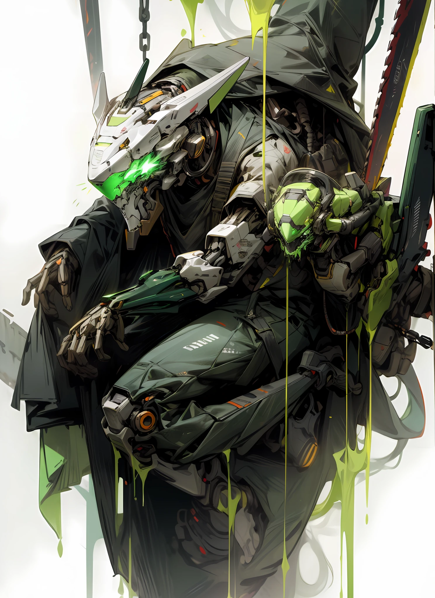 Dark_fantasy,cyber punk perssonage,(Chainsaw,chainsawman,red colour:1.1),Mechanical small snake latch,1人,Mechanical Wonder,Robotic presence,cybernetic guardians,green color,full bodyesbian