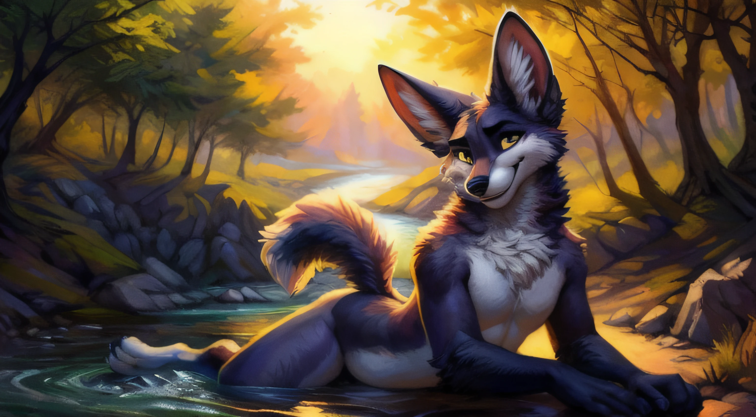 subido a e621, (por kenket, por Ross Tran, por Ruan Jia, por Foxovh) An anthropomorphic fox from Fennec (((masculino))) de (cola, pecho y cuello) esponjada, grandes manos, de ojos color ambar, con lunares cafe claro en hombros y muslos, borde de las orejas es cafe, en su cola posee 2 lunares grandes color blanco con un anillo cafe alrededor, Fursona, Looking at the camera with a mischievous look, Open Invitation, mirada picara, (In the middle of a forest with a river in the background), (detailed lighting), (cinematography lighting), [luz ambiental detallada], Fursona, ((sombra de medio cuerpo)), [luz ambiental en el vientre], [proporciones realistas], [explicit content], [foco nítido], (contenido cuestionable), (sombreado), ((obra maestra))