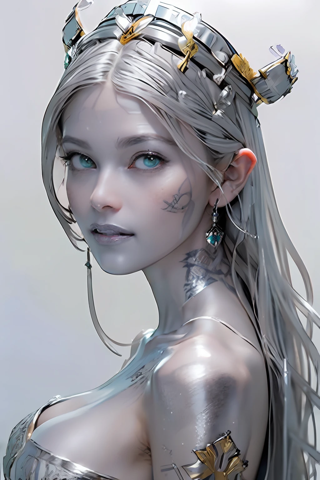Ultra-detailed complex 3D rendering of the face, (masterpiece, top quality, octane rendering,), glamour shots full body image, very beautiful young elves, cleavage, (highly detailed skin: 1.2), (exposure: 1.1), ((blue micro bikini: 1.95)))). , 8k, (((very soft breasts)), (((conspicuous large pink areola)), beautiful Caucasian woman with white skin with full soft breasts with big buttocks, one, long braided hair, big breasts, dynamic angles, (((huge breasts: 2.4)), ultra-realistic photos, ((((((silver hair)))), futuristic urban background, facial muscles, (((((detailed and glamorous silver crown)))), In the style of Marvel Comics, ArtStation Trends, Clear Focus, Intricate Details, Very Detailed, Detailed Green Eyes, Sharp Focus, Digital Rendering, Professional, Abs, Lip Gloss, Glossy Skin, Sexy Pose, Golden Tattoo All Over Body, Silver Pattern All Over Body, Silver Lame Skin, Gold Glitter Skin, Mansuji, Buttocks, Jeweled All Over the Body, with silver scales, silver hair,