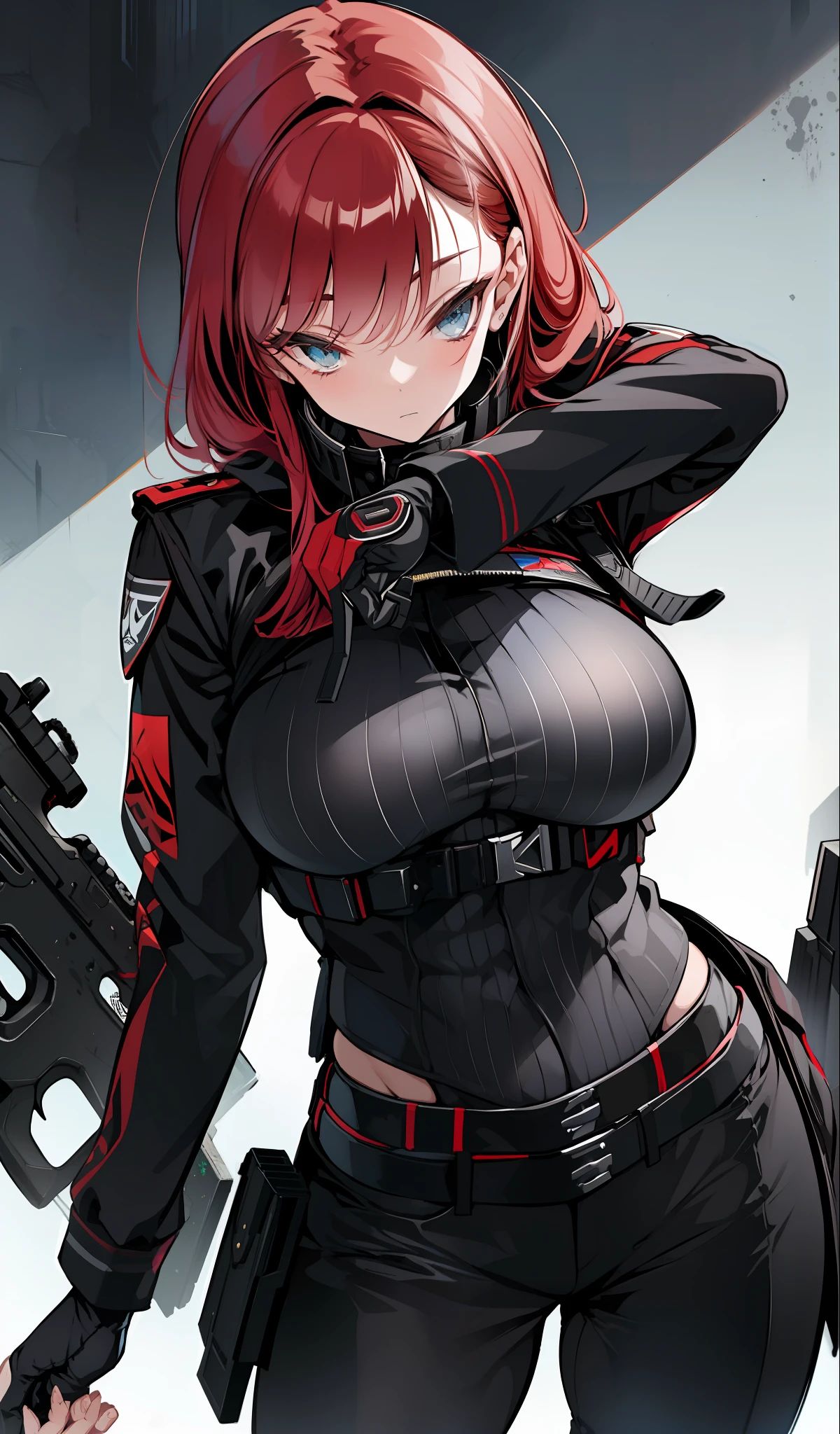 illustratio、(top-quality)、(((​masterpiece)))、(Hi-Res)、Original、(Solo Girl)、A sexy、Thick、Big body、(Red-haired),With guns and rifles, Helghast, Wolfenstein, unigine render, holding a blaster, imperial military, cyberpunk imperial military, Have an MP7, with a pistol, RB6s), Wearing a black Sith uniform, Superb Detail, RB6s, RB 6 S, great level of detail