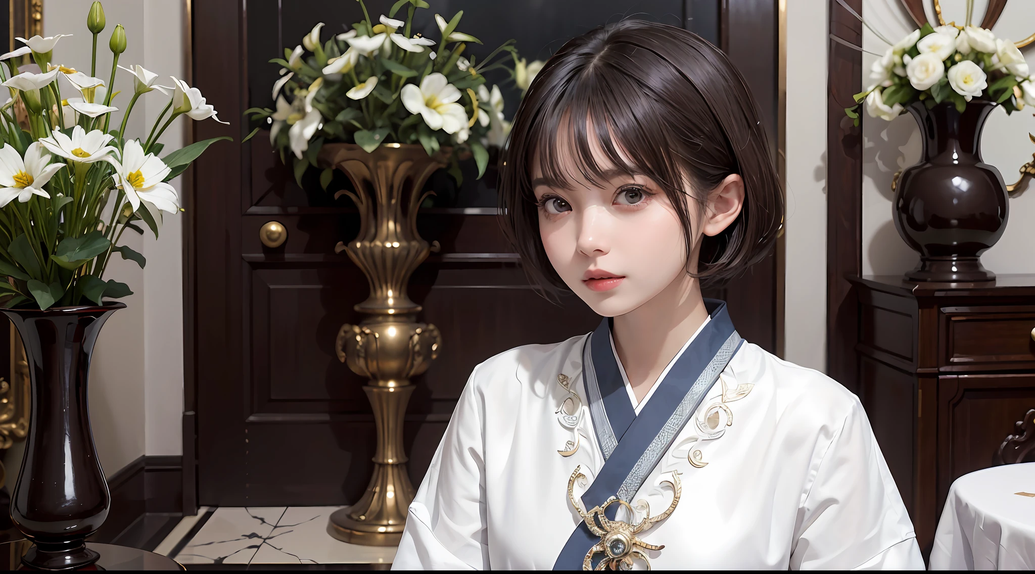 masterpiece, 1 beautiful girls, (((very_Short_hair))), Eye details, Swollen eyes, Top image quality, 超A high resolution, (Realistis: 1.4), OriginalPhotographs, 1girl in, Cinematographic lighting, japanes, Asian Beauty, Korean, very beautif, Beautiful skins, Thin, (A hyper-realistic), (hight resolution), (8 K), (ighly detailed), (The best illustrations), (beautifully detailed eyes), (ultra-detailliert), A detailed face, see the beholder, Facing straight ahead, Neat Clothing, shorth hair、A dark-haired、46-point diagonal bangs、Luxury hotel interior background、flower arrangement、vases、Neat and clean, Picture frame painting