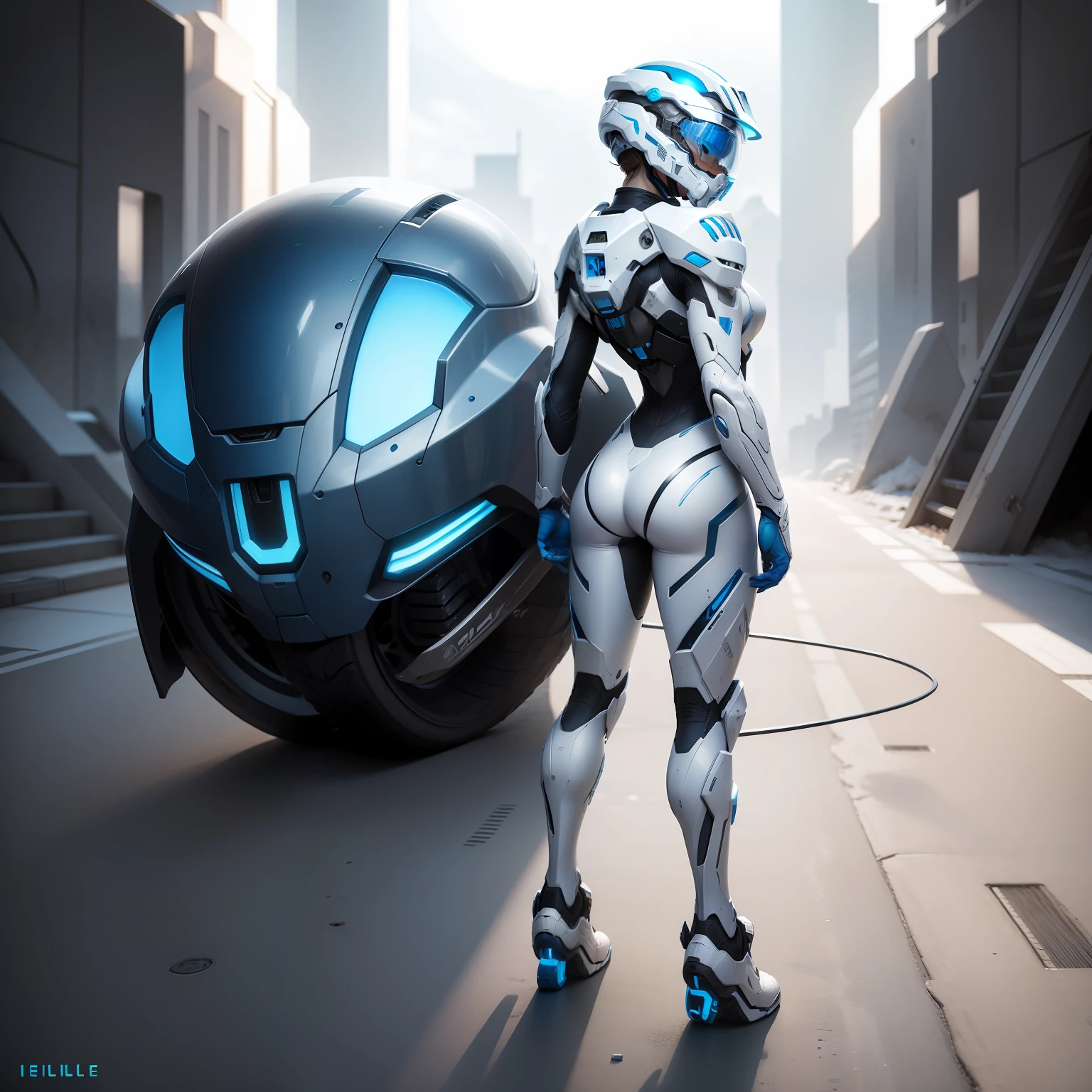 halo,femele,blue,White suit,helmet,The helmet covers the entire face,Very long legs,standing on your feet,Full body photo,Back,helmet,The butt is round,focus on ass,8k