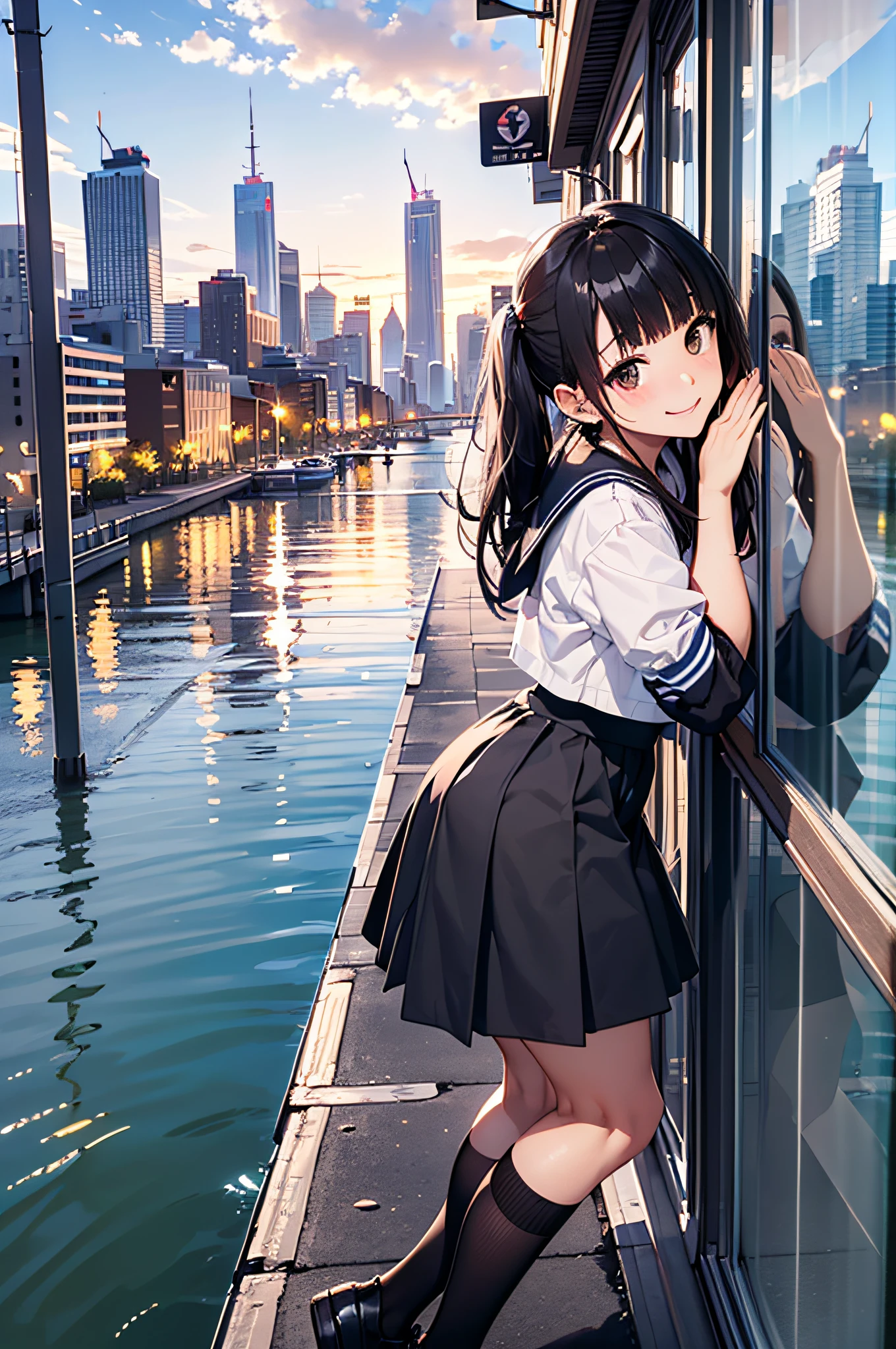 (top-quality、in 8K、32K、masterpiece、nffsw、ighly detailed:1.2)、Full body, (Vibrant city skyline reflected on the tranquil waterfront:1.4)、beautiful shadow、beauitful face、blurry backround、16-year-old beautiful girl、shinny skin, Beautiful black hair、Blunt bangs、 side poneyTail、Brown eyes、a sailor suit、pleatedskirt、Black socks、Black shoes、A smile、Raising arms、crouching down、white panties、thighs thighs thighs thighs、from the front side、