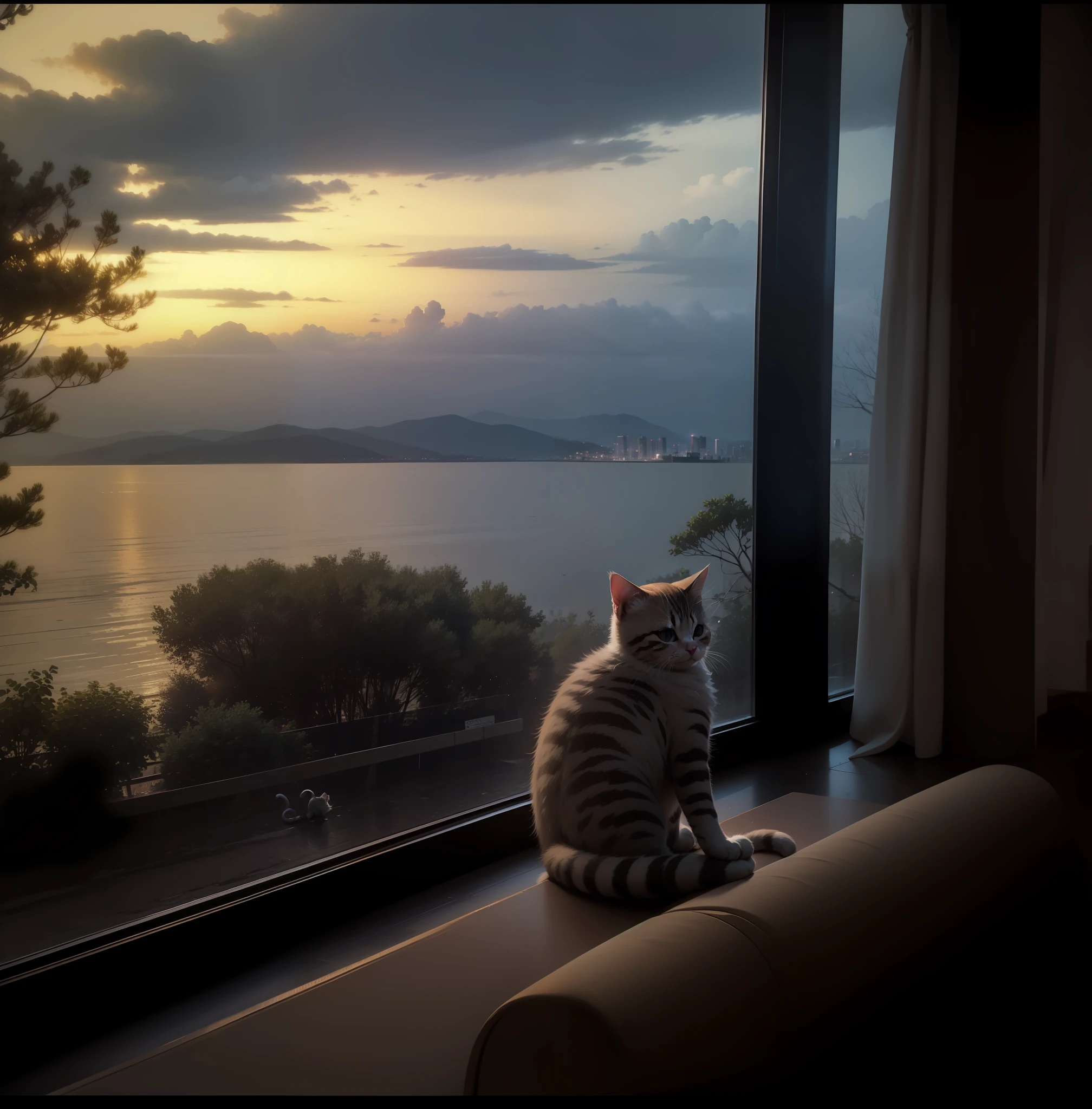 A kitten forgets the scenery outside the window Masterpiece